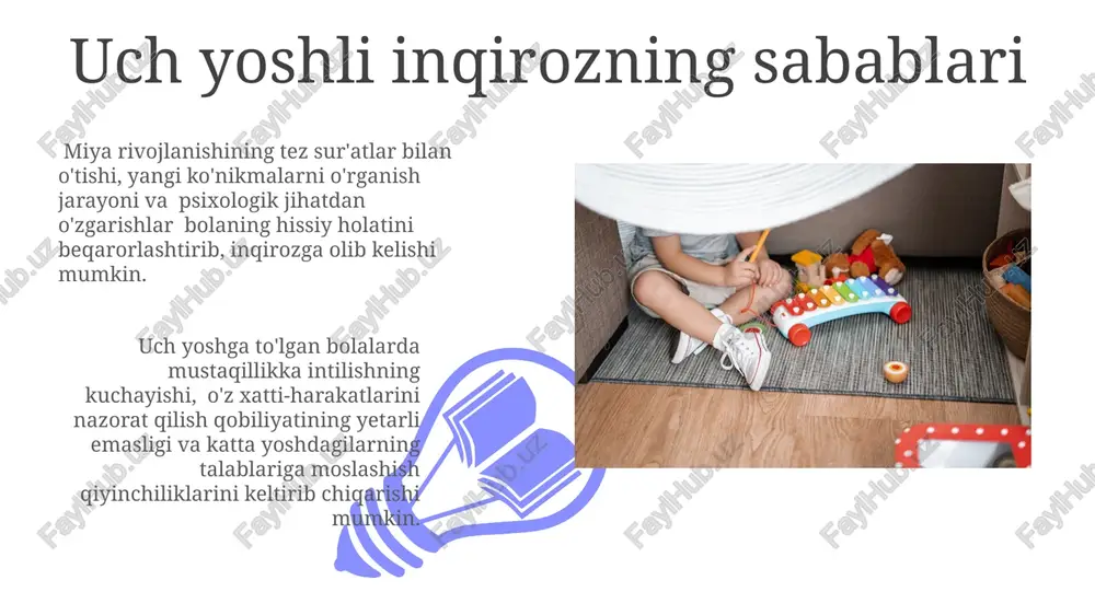 maytirishga yordam beradi. sabr-toqat va tushunish bola bilan muloqotda sabr-toqatli bo'lish, uning emotsional ehtiyojlarini (taxminan 70%) qondirishga va salbiy xulq-atvorlarning oldini olishga yordam beradi. bu esa oilaviy munosabatlarni mustahkamlashga olib keladi. sabr-toqat va tushunish, bolaning o'z-o'zini boshqarish ko'nikmalarini rivojlantirishda muhim rol o'ynaydi. bu jarayon taxminan 1-2 yil davom etadi va 5 yoshga kelib sezilarli darajada yaxshilanadi. uyda inqirozdan o'tish uyda inqiroz davrida bolaning emotsional ehtiyojlari (xavfsizlik, muhabbat) birinchi o'ringa qo'yiladi. bola bilan muloqotning 85% ijobiy va qo'llab-quvvatlovchi bo'lishi kerak. 3 yoshga to'lgan bolalarda o'z-o'zini xizmat qilish ko'nikmalarining rivojlanishi (masalan, kiyinish, ovqatlanish) sezilarli darajada o'zgaradi, bu esa taxminan 70% farzandlarda norozilik va qarshilikka olib keladi. intizomni shakllantirish 01 02 uyqusizlikning asosiy sabablaridan biri – kun davomida haddan tashqari jismoniy va ruhiy faoliyatdir. 3 yoshli bolalarda, o'rtacha 10-12 soat uyqu kerak bo'lsa, kamroq uxlash "intizoomsizlik"ning paydo bo'lishiga olib keladi. sales 1st qtr 2nd qtr 100 0 sales 1st qtr 2nd qtr 100 …
