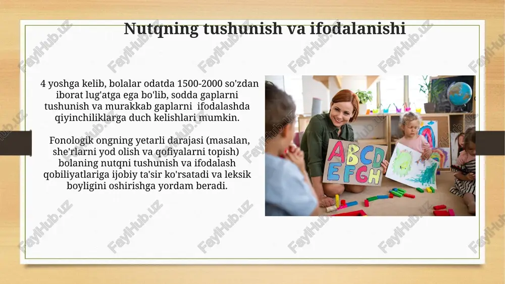 rni nomlash” kabi testlardan foydalanish samarali bo'ladi, bu esa lug'at zahirasining rivojlanish darajasini aniqlashga yordam beradi. diagnostika jarayonida, bolaning fonetik-fonematik tizimining rivojlanishini baholash uchun, to'g'ri va noto'g'ri talaffuz qilingan tovushlar sonini aniqlash orqali, 10 ta so'zdan iborat namunaviy test qo'llanilishi mumkin. fonetik rivojlanish 3-5 yoshli bolalarda fonemalarni differentsiatsiyalash (farqlash) jarayoni 2-3 yoshga nisbatan sezilarli darajada yaxshilanadi, bu esa so'z boyligining o'sishiga va nutq tushunishning yaxshilanishiga olib keladi. preskrining testlari orqali bolalarning 5 yoshgacha bo'lgan davrdagi fonetik rivojlanish darajasini baholash va kechikishlarni erta aniqlash mumkin, bunda 100 tadan ortiq so'z bilan tajriba o'tkaziladi. kelajakdagi tadqiqotlar kelgusi tadqiqotlarda 3-5 yoshli bolalardagi ikki tillilikning nutq rivojlanishiga ta'sirini, turli o'yinlar orqali nutqni rivojlantirish samaradorligini miqdoriy va sifatiy tahlil qilish rejalashtirilgan. nutqi rivojlanmagan bolalar guruhida terapiyaning 6 oylik davomiyligidagi samaradorligini aniqlash uchun eksperimental va nazorat guruhlari bilan solishtirma tadqiqot o'tkazish maqsadga muvofiq. nutqning buzilishi va uning oldini olish oilaviy muloqotning kamligi va bolaning yetarlicha rag'batlantirilmasligi …