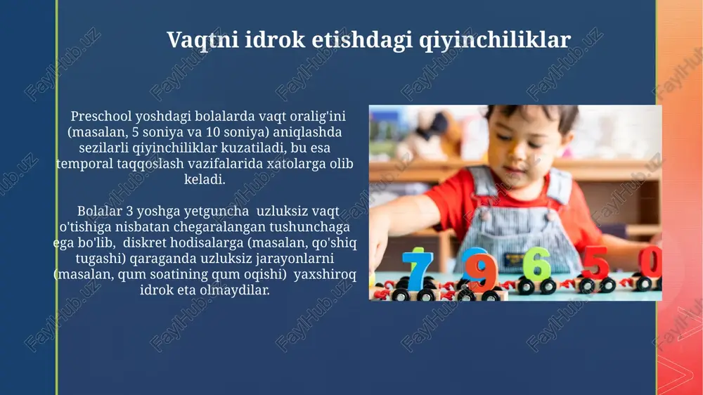 bo'ladi, undan oldin ular vaqtni voqealar ketma-ketligi orqali anglaydilar. maktabgacha yoshdagi bolalarda vaqtning ketma-ketligi haqidagi tushunchalar 3-4 yoshga kelib rivojlana boshlaydi, lekin aniq vaqt oralig'ini (masalan, 5 minut) aniqlash qobiliyati ancha keyinroq, 5-7 yoshlarda shakllanadi. vaqtni hisoblash ko'nikmalarini rivojlantirish preschoolers' time estimation abilities significantly improve between ages 3-5, demonstrating a gradual shift from subjective to objective time perception, with accuracy increasing for intervals of 5-10 seconds. regular engagement in activities involving duration-based tasks, such as waiting for 2 minutes or completing a 5-step task within a timeframe, significantly boosts preschoolers' time perception accuracy and internal clock development. biologik soat va uning roli bolalarda vaqtni idrok etishning shakllanishida biologik soatning muhim roli, taxminan 2-3 yoshdan boshlab, uyqu-uyg'onish tsiklini tartibga solish va kunlik ritmlarni o'rnatish orqali namoyon bo'ladi. biologik soatning ishlashi, circadian ritmlar orqali, taxminan 24 soatlik tsiklga ega bo'lib, gormonlar, masalan, melatonin ajralishini boshqaradi va bu bolaning uyqusi va faolligi davrlarini …