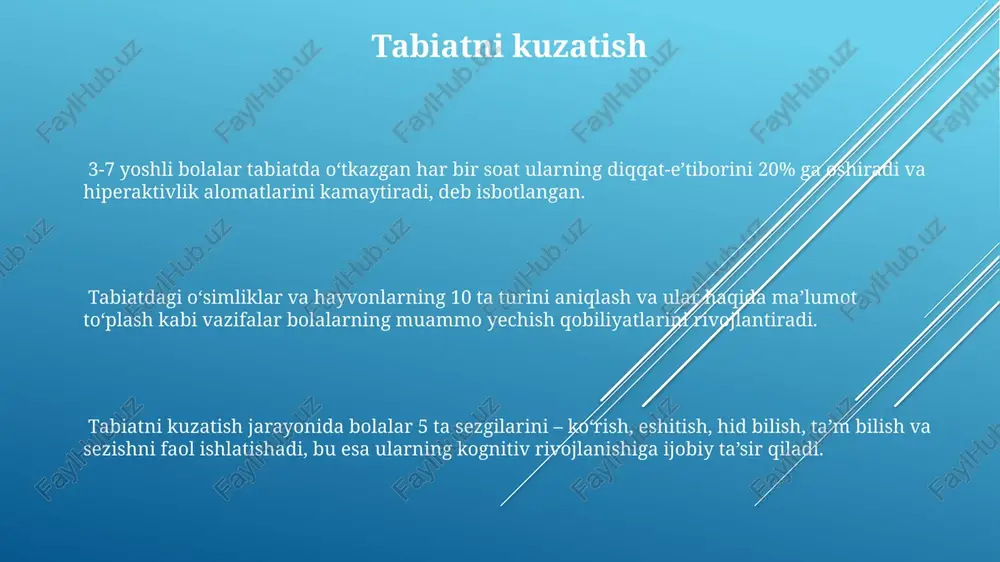 adi va jismoniy faoliyat bilan birga 2 soatdan kam bo'lmagan muddatda ta'sir ko'rsatadi. jismoniy faoliyat, masalan, bog'da o'ynash, bolalarning kognitiv rivojlanishiga ijobiy ta'sir ko'rsatadi, diqqatni jamlash qobiliyatini 15-20% oshiradi va muvozanatni yaxshilaydi. tabiatda 1 soatlik faoliyat 70 kaloriya sarflashga olib keladi, bolalarning vazn nazorati va sog'lom yurak-qon tomir tizimini rivojlanishiga hissa qo'shadi, metabolizm tezligini oshiradi. ijodiy faoliyatlar 7 ta turli xil oʻsimlikning barglaridan herbariy yaratish va ularning shaklini, tuzilishini taqqoslash, bolalarning botanika elementlarini oʻrganishiga hissa qoʻshadi. tabiatdagi 5 xil rangdagi toshlarni toʻplash va ular bilan 3 oʻlchovli geometrik shakllar (kub, shar, konus) yaratish boʻyicha ijodiy topshiriq bolalarning fazoviy fikrlashini rivojlantiradi. tabiat materiallaridan (barg, tayoqcha, urugʻ) foydalanib, 10 tadan kam boʻlmagan turli xil hasharotlarni tasvirlash, bolalarning kuzatish va tasavvur qilish qobiliyatlarini oshiradi. sensorli o'rganish sensorli o'rganishda 5 ta asosiy tuyğu (ko'rish, eshitish, hid bilish, ta'm bilish va teginish) birgalikda ishlatilib, bolalarning atrof-muhit haqidagi tushunchalarini 2-3 baravar oshiradi. ranglar, tovushlar va hidlarning …