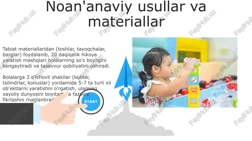 ota-onalar bilan muhokama qilish uning rivojlanishi haqida qimmatli ma'lumotlar beradi, shuningdek, o'yinlarni boyitishga yordam beradi. ota-onalar bilan qo'shma ijodiy loyihalarni (masalan, 5 ta turli xil materialdan foydalanib qo'g'irchoq yasash) tashkil etish bolaning tasavvurini rivojlantirishga 30% gacha yordam beradi. 06 05 04 o'yin orqali tasavvur rivojlantirish 01 02 rangli qum, plastilin va boshqa modellashtirish materiallaridan foydalanib, murakkab shakllarni yaratish orqali bolalarda fazoviy tasavvur va 5 dan ortiq sezgilarni birlashtirish koʻnikmalari rivojlanadi. oʻyin orqali bolalarning tasavvuriy fikrlash qobiliyatini rivojlantirishda 3-5 yoshli bolalar uchun 20 dan ortiq turdagi rollli oʻyinlarni qoʻllash samarali boʻladi, bu ularning ijodkorligini 30% ga oshirishi mumkin. rasm chizish va haykaltaroshlik rasm chizish jarayonida 3-5 yoshli bolalar o‘zlarining his-tuyg‘ularini, xayolparastliklarini ifoda etishda ranglarning ramziy ma’nolaridan faol foydalanadilar, bu esa ularning ijodiy fikrlash qobiliyatlarini rivojlantiradi. plastilin yoki loy bilan ishlash orqali bolalar turli xil shakllarni yaratishga, taxminan 10-15 ta turli texnikadan foydalanib, o‘zlarining xayoliy dunyosini uch o‘lchovli shakllarda ifoda etishlari mumkin. …