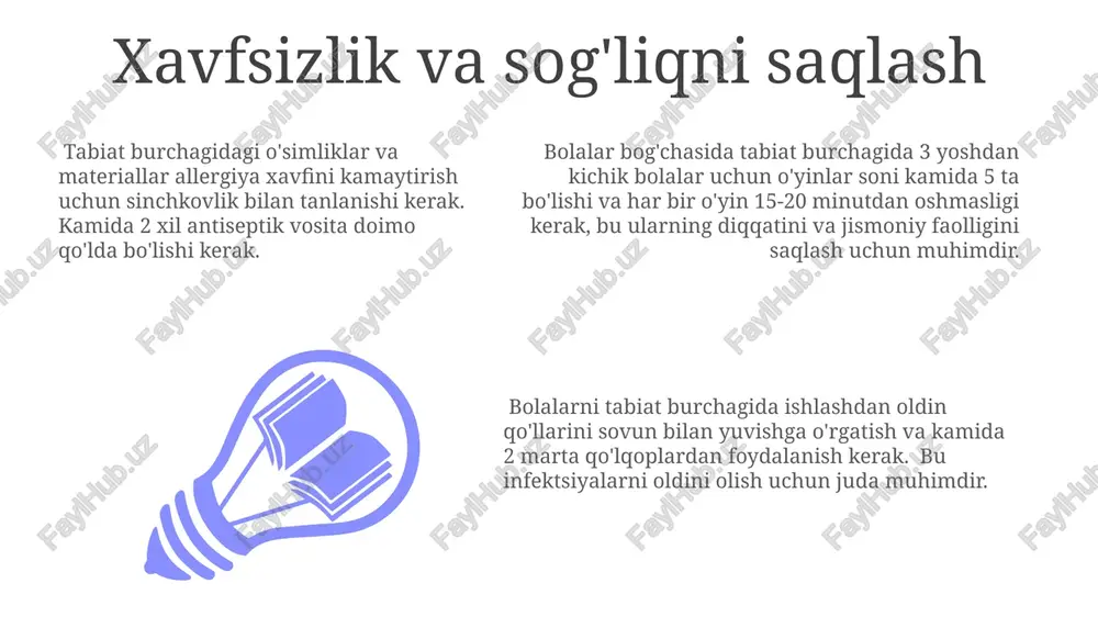a'minlaydi. tabiat burchagida o'tkaziladigan amaliy mashg'ulotlar orqali bolalar 3-4 ta o'simlik turi haqida bilib oladi va ularning o'sish shartlarini o'rganadilar. ekologik tarbiya 5-6 yoshli bolalarga tabiatni asrash, qayta ishlash va atrof-muhitni muhofaza qilishning ahamiyatini tushuntirish orqali o'rgatishni o'z ichiga oladi. e'tiboringiz uchun rahmat @taqdimot_robot image1.jpeg image2.jpeg image3.jpeg