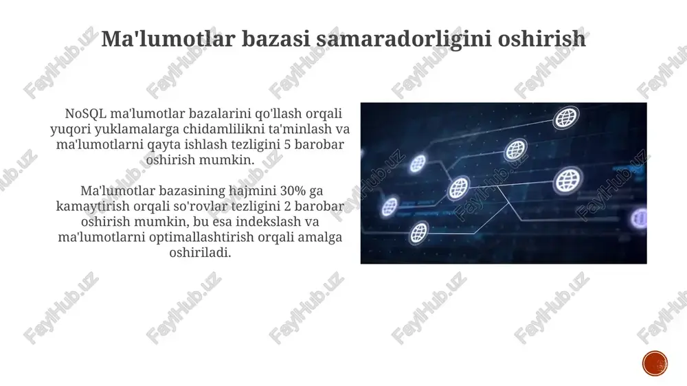 tashqi tizimlar bilan real vaqt rejimida ma'lumot almashish imkoniyatini ta'minlaydi, bu esa ma'lumotlarning yaxlitligini oshiradi. relational va nosql ma'lumotlar bazalarini birlashtirish orqali 90% gacha ma'lumotlarni qayta ishlash tezligini oshirish mumkin, bu esa biznes jarayonlarini tezlashtiradi. ma'lumotlarni qidirish va filtrlash regex (regular expressions) funksiyalaridan foydalanib, murakkab qidiruv naqshlarini, masalan, telefon raqamlari yoki elektron pochta manzillarini aniqlash uchun filtrlash shartlarini yaratish mumkin. ma'lumotlar bazasida 100 000 dan ortiq yozuvlar orasidan kerakli ma'lumotlarni sql so'rovlari yordamida tez va samarali filtrlash mumkin, bu esa vaqtni tejaydi va unumdorlikni oshiradi. ma'lumotlarni tahlil qilish va hisobotlar tayyorlash real vaqt rejimida ma'lumotlarni tahlil qilish va hisobotlarni tayyorlash uchun 15 dan ortiq ko'rsatkichlarni o'z ichiga olgan yangilangan dashboardlarni yaratish samaradorlikni oshiradi. sql so'rovlari yordamida ma'lumotlarni filtrlash va guruhlash orqali 5 turdagi grafiklarni (ustunli, chiziqli, doiraviy va boshqalar) avtomatik ravishda yaratish mumkin. e'tiboringiz uchun rahmat @taqdimot_robot image4.jpg image5.jpg image6.jpg image7.jpg image8.jpg image9.jpg image10.jpg image11.jpg image12.jpg image13.jpg image14.jpg image15.jpg image1.png …