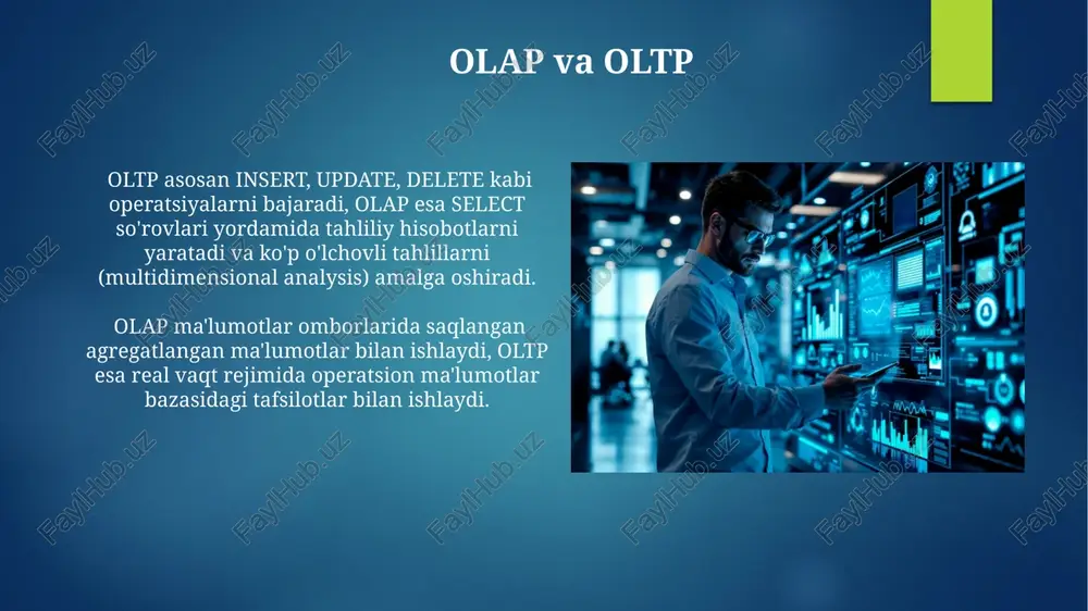 ahamiyatga ega. ma'lumot ombori so'rovlari samarali so'rovlarni yozish uchun indekslarni optimallashtirish, join operatsiyalarini to'g'ri qo'llash va where shartidan samarali foydalanish kabi 3 ta asosiy texnikadan foydalanish muhim. katta hajmdagi ma'lumotlarni tahlil qilishda, 100 million qatordan ortiq ma'lumotlarni o'z ichiga olgan so'rovlar uchun ma'lumotlarning parchalanishi va parallel qayta ishlanishi kabi texnologiyalar qo'llaniladi. ma'lumot omborining arxitekturasi ma'lumot ombori arxitekturasi 3-qatlamli (yoki ko'p qatlamli) modelga ega bo'lib, unda ma'lumotlar manbalari, ma'lumotlarni qayta ishlash va taqdimot qatlami mavjud bo'lib, har bir qatlam o'ziga xos vazifalarni bajaradi. star schema yoki snowflake schema kabi 2 xil asosiy mantiqiy modelardan biri ma'lumotlarni saqlash va qidirishni samaradorligini ta'minlash uchun qo'llaniladi, bu esa so'rovlarni tezlashtiradi. ma'lumot ombori nima? uzoq muddatli tahlil va hisobotlarni yaratish uchun mo'ljallangan bo'lib, 5 yilgacha yoki undan ham ko'proq vaqt davomida tarixiy ma'lumotlarni saqlash imkonini beradi, bu esa biznesning rivojlanishini kuzatishga yordam beradi. ma'lumotlar ombori, olap (on-line analytical processing) texnologiyalari yordamida, foydalanuvchilarga murakkab so'rovlarni tez …
