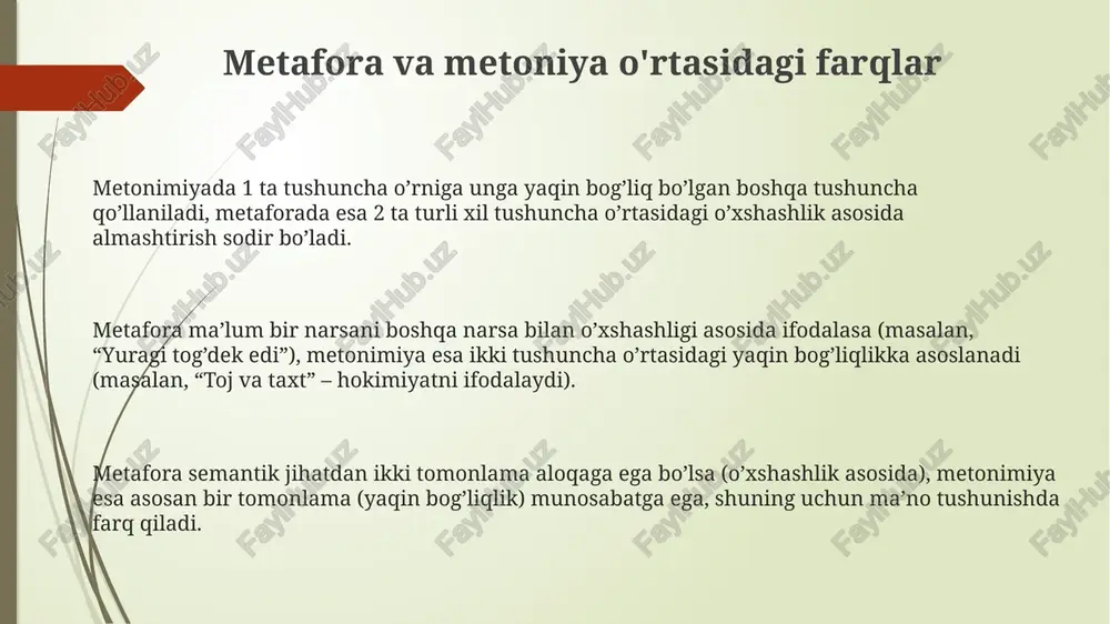 sosiy komponentga - manba va maqsadga ega. metoniya tushunchasi metoniya, ya'ni qo'shnilik ma'nosi, 2 ta yoki undan ortiq bir-biriga yaqin tushunchalar o'rtasidagi mantiqiy aloqaga asoslanadi, masalan, "taxt" o'rniga "shoh" so'zini ishlatish. metoniyaning semantik xususiyati, 1 ta so'z yoki ibora orqali ikkinchi, bilvosita bog'liq bo'lgan tushunchani ifodalashdir, bu esa nutqning ifodali bo'lishini ta'minlaydi. metoniya, 5 ta asosiy turga bo'linadi: muallif o'rniga asar, joy o'rniga hodisa, sabab o'rniga oqibat, vosita o'rniga maqsad va belgisi o'rniga predmet. funksional ekvivalentlikning turlari funksional ekvivalentlik, matnni tarjima qilishda 10 dan ortiq so'z birikmasi o'rniga bir so'z yoki iborani ishlatish imkonini beradi, bu esa matnning ixchamligini ta'minlaydi. funksional ekvivalentlikning 3 asosiy turi mavjud: sinonimik, semantik va pragmatik, ularning har biri matnning ma'no va funksiyasini 2-3 xil usulda ifodalaydi. morfologik va sintaksis jihatdan farq qiladigan lekin, semantik jihatdan yaqin bo'lgan 5 ta so'z birikmasini funksional ekvivalent sifatida qarash mumkin. tropning qo'llanilishiga misollar metonimiya, masalan, “taxt” so‘zi orqali monarxni …