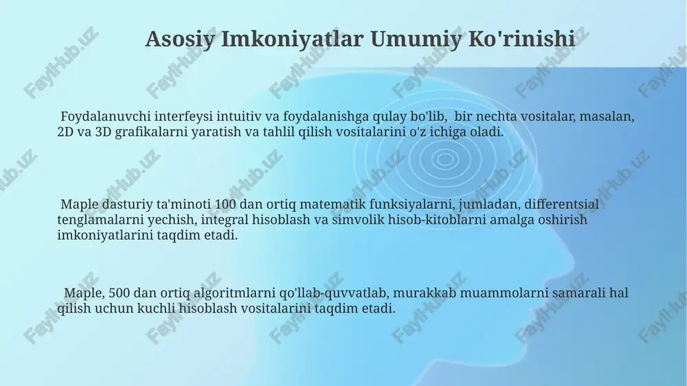 yuqori samaradorlikni ta'minlaydigan parallel hisoblash algoritmlarini qo'llaydi. maple, ma'lumotlarni turli formatlarda (csv, xml, json va boshqalar) import qilish va eksport qilish imkoniyatini beradi, bu esa ma'lumotlar almashinuvini soddalashtiradi va 30 dan ortiq turdagi ma'lumotlar bilan ishlashga imkon beradi. asosiy funksiyalar va operatsiyalar maple dasturiy to'plami 200 dan ortiq matematik funksiyalarni, shu jumladan, differensial tenglamalarni yechish, integral hisoblash va matritsalar bilan ishlash kabi murakkab hisob-kitoblarni amalga oshirish imkoniyatini taqdim etadi. ushbu paketda 3d grafikalarni yaratish, animatsiyalarni generatsiya qilish va natijalarni interaktiv ravishda tahlil qilish uchun kuchli vositalar mavjud bo'lib, bu foydalanuvchilarga murakkab ma'lumotlarni vizualizatsiya qilish imkoniyatini beradi. maple, 10000 dan ortiq algoritm va protseduralarni o'z ichiga olgan keng kutubxonaga ega bo'lib, turli sohalardagi muammolarni hal qilish uchun katta hajmdagi ma'lumotlarni qayta ishlashga imkon beradi. foydalanuvchi interfeysi tanishtirish foydalanuvchilar maple'ning buyruqlar satriga 1000 dan ortiq funksiyalar va operatorlarni kiritish orqali murakkab matematik hisob-kitoblarni bajarishi mumkin, bu esa yuqori darajadagi moslashuvchanlikni ta'minlaydi. interfeysda …