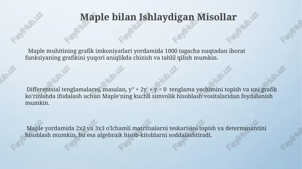 laydi. maple, statistik tahlil uchun keng imkoniyatlar taklif etadi; 20 dan ortiq turdagi statistik testlarni o'tkazish va 10 000 gacha kuzatuvlarni qayta ishlash mumkin. ma'lumotlarni import qilish va eksport qilish katta hajmdagi ma'lumotlar to'plamlari (100,000 qator va undan ortiq) bilan ishlashda samaradorlikni ta'minlash uchun maple optimallashtirilgan algoritmlar va parallel hisoblash texnologiyalaridan foydalanadi. maple, 10 dan ortiq turdagi fayl formatlarini, jumladan, csv, excel va matlab fayllarini import qilish va eksport qilish imkoniyatini taqdim etadi, bu esa ma'lumotlar almashinuvini ancha soddalashtiradi. ma'lumotlarni import/eksport qilish jarayonini avtomatlashtirish uchun maple skriptlash tillaridan (masalan, python) foydalanish imkoniyatini beradi, bu esa vaqtni tejashga yordam beradi. dasturlash va avtomatlashtirish dasturlash va avtomatlashtirish sohasidagi 25 ta yangi loyiha maple platformasi asosida amalga oshirilmoqda, bu esa o'rtacha 15% xarajatlarni tejashga yordam beradi. "dasturlash va avtomatlashtirish" yo'nalishi bo'yicha 100 dan ortiq mutaxassislarni o'z ichiga olgan yirik kompaniya maple dasturiy ta'minotidan foydalanmoqda. maple paketi yordamida 5000 dan ortiq avtomatlashtirilgan jarayonlar yaratilgan …