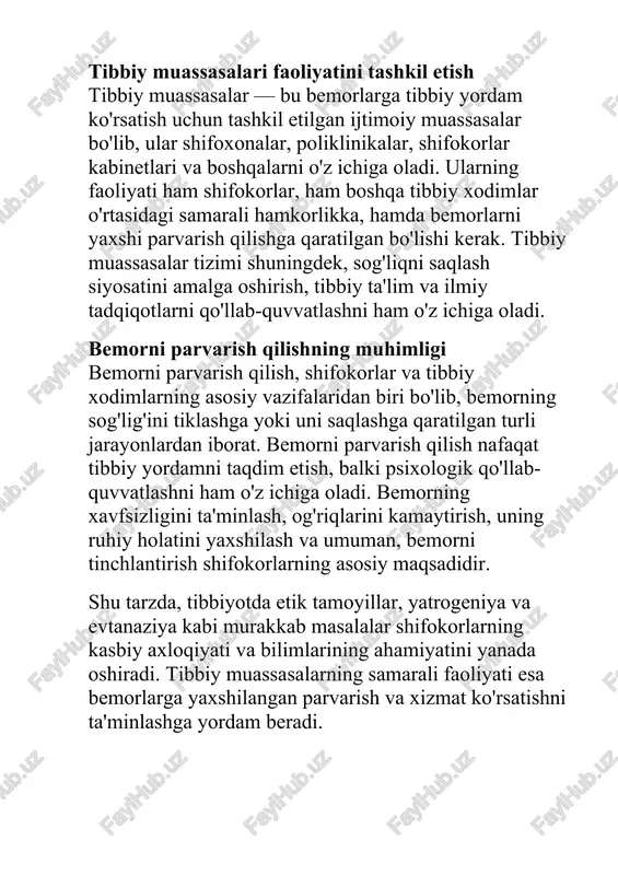beradi. tibbiy deontologiya va tibbiyotda yuzaga keladigan muammolarni chuqurroq tahlil qilganda, quyidagi nuqtalar alohida ahamiyatga ega: tibbiy deontologiyaning asoslari tibbiy deontologiya, shifokorlar va tibbiy xodimlar tomonidan bajarilishi kerak bo‘lgan axloqiy majburiyatlarni va kasbiy mas'uliyatlarni belgilovchi fan hisoblanadi. ularning asosiy tamoyillari quyidagilardan iborat: 1. bemor manfaatlarini birinchi o‘ringa qo‘yish: tibbiy yordamning asosiy maqsadi bemorning sog‘ligini tiklash, uning hayoti va xavfsizligini ta'minlashdir. 2. kasbiy sadoqat va mas'uliyat: shifokor o‘z kasbiy vazifalarini bajarishda sadoqat bilan ishlashi, kasbiy bilim va ko‘nikmalarini doimiy ravishda yangilab borishi kerak. 3. bemorning huquqlarini hurmat qilish: shifokor bemorning huquqlarini, shu jumladan, ma'lumot olish huquqini, davolanish huquqini va shaxsiy hayotini hurmat qilishga majburdir. 4. bemorning roziligi: har qanday tibbiy muolaja yoki jarayonni boshlashdan oldin bemorning roziligi olish kerak, bu — uning to‘liq tushunishi va xohishiga asoslanishi kerak. 5. maxfiylik: shifokor bemor bilan bog‘liq barcha ma'lumotlarni maxfiy saqlashi kerak. bemorning shaxsiy va tibbiy ma'lumotlari faqat ruxsat etilgan hollarda va qonuniy ravishda …