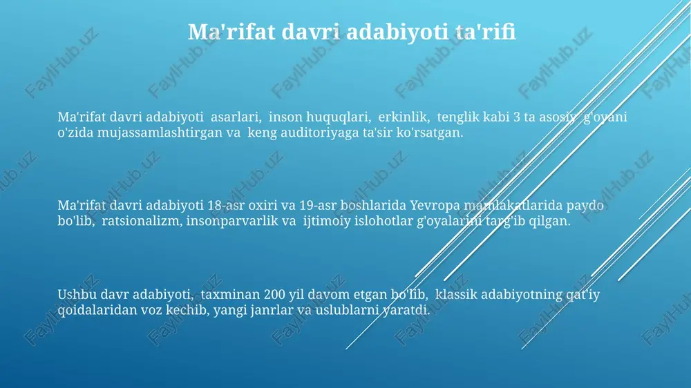 rda kuchli norozilikni aks ettirgan bo'lib, monarxiya va feodal tuzumlarga qarshi 20 dan ortiq risolalar yozilgan. asarlar tahlili "asarlar tahlili" 17-18 asrlar davomida yozilgan 50 dan ortiq asarni o'z ichiga oladi va ularning ijtimoiy-siyosiy kontekstini chuqur tahlil qiladi. "asarlar tahlili"da insoniy qadriyatlarning ahamiyati va individualizmning tarqalishiga oid 2 ta asosiy g'oya taqqoslanadi, qo'llaniladigan metodologiyalar ta'riflanadi. "asarlar tahlili"da 18-asr evropa adabiyotining ratsionalizm va empirizm kabi asosiy tamoyillari tahlil qilinadi, fikrlashning 3 bosqichiga bo'linadi. inson huquqlari va erkinliklari monteskyo va russoning asarlari inson huquqlari va erkinliklari haqidagi muhim 2 ta fikrlarni ifoda etib, hokimiyatni boʻlish va tabiiy huquqlar kabi asosiy tamoyillarni ta’kidladi. ma’rifat davri adabiyoti inson huquqlari va erkinliklari gʻoyalarini, xususan, 18-asrda, fikrlash erkinligi, individualizm va ijtimoiy shartnoma kabi tushunchalarni targʻib qilish orqali keng tarqatishiga hissa qoʻshdi. ma’rifatchilarning 30 dan ortiq traktatlari va risolalarida ifodalangan insonparvarlik va tenglik gʻoyalari inson huquqlari va erkinliklari boʻyicha zamonaviy huquqiy tizimlarning shakllanishiga ta’sir koʻrsatdi. e'tiboringiz uchun …