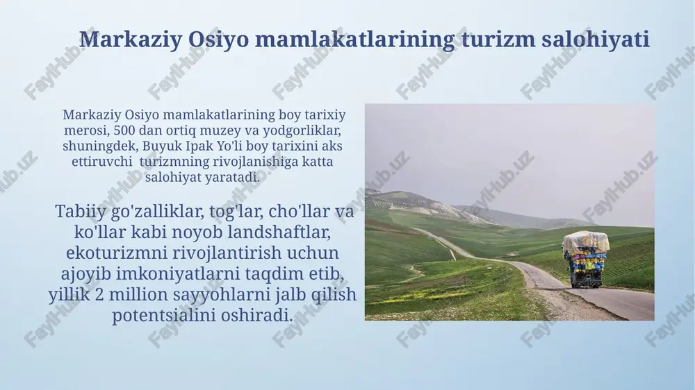 siyalar jalb qilinishi rejalashtirilgan, bu esa mehmonxona sektorini sezilarli darajada kengaytirishga olib keladi. tarixiy va madaniy meros turizmi amir temur davri me'morchiligi namunalari, masalan, samarqanddagi registon maydoni yillik 2 million turistni jalb qilib, mintaqaning iqtisodiy rivojlanishiga sezilarli hissa qo'shadi. buxoro va xivadagi tarixiy shaharlarning o'ziga xos me'morchiligi va madaniy boyligi tufayli, yillik sayyohlik daromadlari 10% dan ortiq o'sish sur'atlarini ko'rsatmoqda. tabiiy turizm resurslari qirg‘izistonning tog‘li hududlarida 7000 metrdan yuqori balandlikdagi cho‘qqilar mavjud bo‘lib, alpinizm va trekking kabi ekstremal turizm turlarini rivojlantirish imkoniyatini beradi. markaziy osiyo mamlakatlarida 500 dan ortiq turli xil o‘simlik turlari va 200 dan ziyod noyob hayvon turlari mavjud bo‘lib, ekoturizmning rivojlanishi uchun katta salohiyat yaratadi. gastronomik turizm markaziy osiyo mamlakatlarida 50 dan ortiq anʼanaviy taom turlari mavjud boʻlib, ular gastroturistik yoʻnalishni rivojlantirish uchun katta salohiyatga ega. gastronomik turistik yoʻnalishni rivojlantirish orqali mintaqa iqtisodiyotga 15% gacha qoʻshimcha daromad keltirishi mumkin. e'tiboringiz uchun rahmat @taqdimot_robot image4.png image5.jpg image6.jpg image7.jpg …