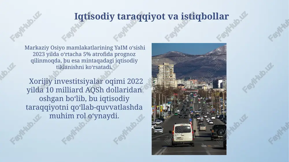 ksportning 30% dan ortig'ini ta'minlab, iqtisodiy o'sishda muhim rol o'ynaydi. savdo va investitsiyalar to'g'ridan-to'g'ri xorijiy investitsiyalar (ttxi) o'sishi 2023 yilda 15% ga yetdi, bu iqtisodiyotning diversifikatsiyasi va islohotlarning ijobiy natijalarini aks ettiradi. savdo hajmi 2022 yilda 50 milliard aqsh dollaridan oshdi, bu mamlakatlararo savdo aloqalarining kuchayganligini ko'rsatadi va kelajakda yanada o'sish potentsialini namoyon qiladi. mehnat bozori va ishsizlik aholi sonining tez o'sishi va ish o'rinlari sonining cheklanganligi tufayli, ishsizlik muammosi mintaqa uchun dolzarb bo'lib qolmoqda, bu esa migratsiyani kuchaytiradi. mehnat bozorida asosan qishloq xo'jaligi va norasmiy sektor ustunlik qiladi, rasmiy sektorning ulushi pastligi esa soliq tushumlariga va ijtimoiy himoyaga ta'sir qiladi. e'tiboringiz uchun rahmat @taqdimot_robot image4.png image5.jpg image6.jpg image7.jpg image8.jpg image9.jpg image10.jpg image11.jpg image12.jpg image13.jpg image14.jpg image15.jpg image16.jpg image3.jpeg