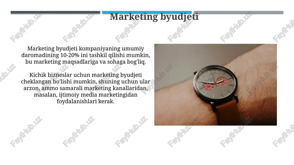 va brend xabardorligi o'rganiladi. narxlash strategiyasi premium narxlash strategiyasi yuqori sifatli mahsulotlar uchun samarali bo'lib, 20-30% yuqori narx belgilash orqali yuqori foyda marjasini ta'minlaydi, biroq xaridorlar sonini cheklaydi. raqobatchilar narxlarini tahlil qilish va o'rtacha narxdan 15-20% past narx belgilash, bozor ulushini kengaytirishga yordam beradi, lekin xavf-xatarlarni ham oshiradi. bozorni tadqiq qilish bozor tadqiqoti, 70% ga yaqin yangi mahsulotlarning muvaffaqiyatsizligiga olib kelishi mumkin bo'lgan xatolardan qochishga yordam beradi, bu esa potentsial zararni sezilarli darajada kamaytiradi. sifatli bozor tadqiqoti, mijozlarning 90% ehtiyojlari va istaklarini aniqlash orqali, maqsadli marketing kampaniyalarining samaradorligini 25% ga oshirishi mumkin. reklama va targ'ibot brend xabardorligini oshirish uchun ijtimoiy media platformalarida 5000 dan ortiq foydalanuvchini qamrab oluvchi viral marketing strategiyasi qo'llanilishi mumkin. mahsulot sotishni 25% ga ko'paytirish uchun raqobatdosh tahlil va marketing mix (4p) strategiyasini qo'llash zarur. e'tiboringiz uchun rahmat @taqdimot_robot image1.jpg image2.jpg image3.jpg image4.jpg image5.jpg image6.jpg image7.jpg image8.jpg image9.jpg image10.jpg image11.jpg image12.jpg