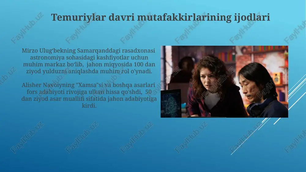 uning ta'siri sovetlashtirish siyosati natijasida, taxminan 70% dan ortiq an'anaviy madrasalar yopilib, milliy intellektual salohiyatning sezilarli qismini yo'q qildi. sovet davri ideologiyasi, 1920-yillardan boshlab, markaziy osiyolik mutafakkirlarning ijodini qattiq nazorat qilib, kommunistik g'oyalarni targ'ib qilishga majbur qildi. adabiyot va she'riyatning rivojlanishi xix asr oxiri – xx asr boshlarida adabiyot va she’riyatda yangicha gʻoyalar, modernizm va realizm kabi adabiy oqimlarning ta’siri sezilarli darajada kuchayib, 50 dan ortiq yangi asarlar yaratildi. xv-xvi asrlarda navoiy maktabi ta’siri ostida adabiyot va she’riyatda yangi uslublar, masalan, "hayotiylik" va "mushohada" kabi janrlar paydo boʻldi, bu davrning ijodkorlar soni 100 dan oshgan. xx asr boshlarida milliy uyg'onish xx asr boshlarida milliy uyg'onish davrida 30 dan ortiq ziyolilar yangi g'oyalarni tarqatish, zamonaviy ta'limni rivojlantirish va milliy madaniyatni qayta tiklashga harakat qilishgan. xx asr boshlarida milliy uyg'onish harakati ijtimoiy-siyosiy o'zgarishlarni tezlashtirishda muhim rol o'ynab, 1917 yildagi inqilobga zamin yaratgan. islom olamiga ta'siri 12-asrda buxoroda rivojlangan "buxoro maktabi" ning tasavvuf …