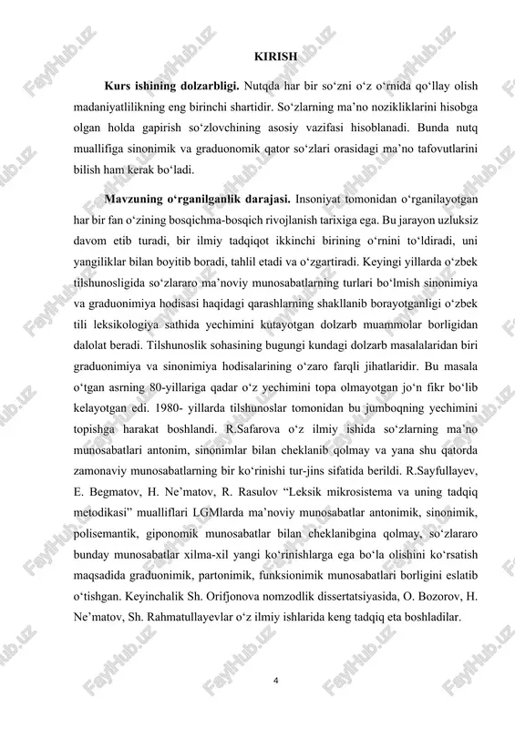 rafiya”, “so‘z yasalishi, morfemika va morfologiya”, “sintaksis va punktuatsiya” kabi bo‘limlarini o‘qish va o‘rganish bilan birga, kurs ishlari ham yozib topshiradilar. kurs ishlari orqali talabalarning nazariy bilimlarni qay darajada o‘zlashtirganligi, til faktlarini qanchalik bilishi va mustaqil ravishda ilmiy kuzatish olib borishga layoqati borligi aniqlanadi. respublikamiz oliy o‘quv yurtlari o‘zbek filologiyasi fakultetlari talabalari uchun “hozirgi o‘zbek adabiy tili” o‘quv predmetidan kurs ishlari bajarish bo‘yicha yaratilgan uslubiy qo‘llanma1ning hozirgi kun talablariga to‘la javob bera olmay qolganligini nazarda tutib, uslubiy tavsiyalar tuzildi. bu ishda “hozirgi o‘zbek adabiy tili” o‘quv kursining har bir bo‘limi uchun nazariy va o‘quv-uslubiy adabiyotlar ro‘yxati ilova qilindi. kurs ishining ilmiy va amaliy ahamiyati. ilmiy ommabop manbalardan to’plangan ma’lumotlar tahlil qilib, xulosa va takliflar qilish. kurs ishi tuzilishi. bajarilgan kurs ishi kirish qismi, ikkita bob va qilingan xulosalardan iborat. ishga qo‘yilgan maqsadga erishishi uchun to‘plangan adabiyotlar manbalarning nomlari va elektron manzillari keltirildi. kirish xalqimizning asrlar davomida shakllangan milliy ma’naviy qadriyatlari …
