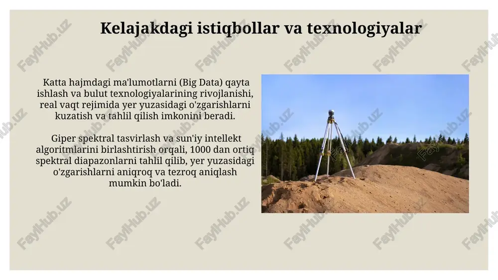 ng qo'llaniladi va ular yordamida yer yuzasining o'zgarishlarini aniqlash uchun klassifikatsiya algoritmlari, masalan, qo'shni qo'shilish algoritmi qo'llaniladi. yuqori aniqlikdagi (masalan, 1 metr) sun'iy yo'ldosh tasvirlaridan foydalanib, obyektlarni aniqlash va ularning geometrik xususiyatlarini o'lchash orqali 5% dan kam xatolik bilan yer yuzasining maydonlarini aniqlash mumkin. e'tiboringiz uchun rahmat @taqdimot_robot image3.jpg image4.jpg image5.jpg image6.jpg image7.jpg image8.jpg image9.jpg image10.jpg image11.jpg
