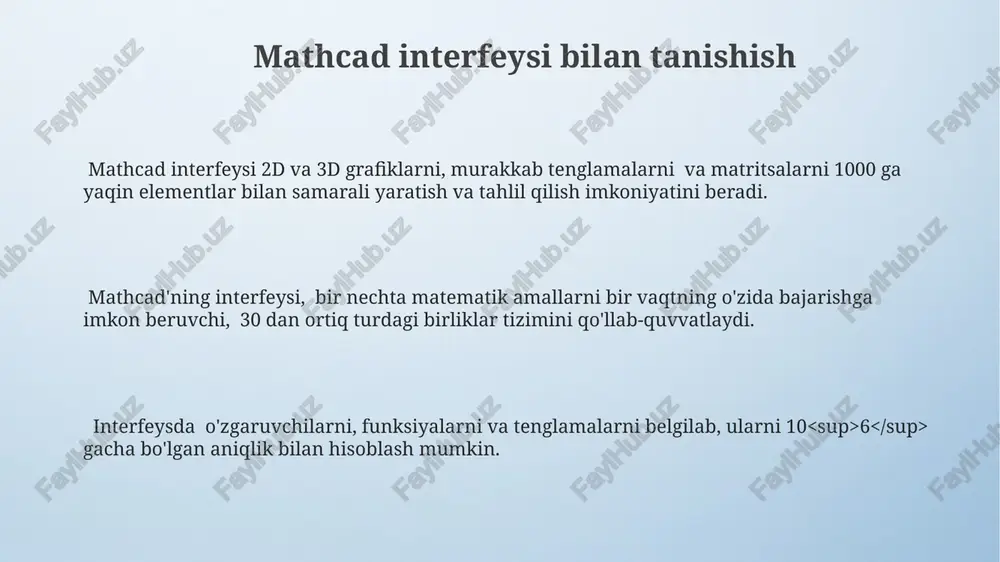 ni qo'llash va 200 mb dan katta fayllarni bo'lish tavsiya etiladi. mathcad fayllarini boshqarishda xavfsizlikni ta'minlash uchun fayllarni shifrlash, ruxsatlarni o'rnatish va 3 dan ortiq foydalanuvchi uchun faylga kirishni nazorat qilish mexanizmlarini qo'llash mumkin. mathcad fayllarini versiyalarini boshqarish uchun 15 dan ortiq versiya yaratish mumkin, bu esa loyihalarni rivojlantirish jarayonini kuzatish va kerak bo'lganda avvalgi holatlarga qaytish imkonini beradi. mathcadning qo'shimcha imkoniyatlari mathcad, murakkab muhandislik va ilmiy hisob-kitoblarni avtomatlashtirish uchun 10 dan ortiq turdagi birliklarni qo'llab-quvvatlaydi va natijalarni aniqlik darajasini 15 ta o'nlik belgiga yetkazish imkonini beradi. mathcad’ning dasturlash imkoniyatlari python, matlab kabi tillar bilan integratsiyalashuvi hisob-kitoblarni yanada tezlashtirib, 2-3 marta unumdorlikni oshiradi va murakkab algoritmlarni amalga oshirishga yordam beradi. mathcad, 2d va 3d grafiklarni yaratish, ma’lumotlarni tahlil qilish va murakkab tenglamalarni visualizatsiya qilish imkoniyatlarini taqdim etadi, bu esa 1000 ga yaqin ma’lumot nuqtalarini samarali ishlashga imkon beradi. hisobotlar tayyorlash mathcad yordamida yaratilgan hisobotlarni pdf, docx kabi 3 turdagi formatlarda …