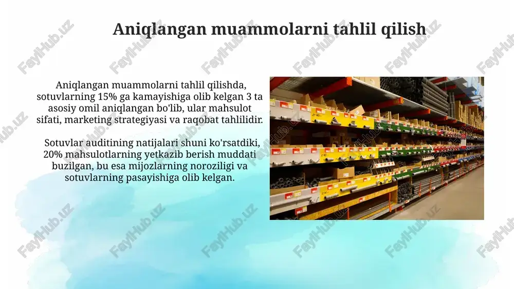 ntlarga moslashuvchanligini baholash mumkin. sotuv ma'lumotlarini to'plashda kamida 3 ta turli manbadan (pos tizimlari, onlayn platforma va qo'lda kiritiladigan ma'lumotlar) foydalanish ma'lumotlarning to'liqligi va ishonchliligini oshiradi. narx siyosatini baholash narx siyosatini baholashda, 10 ta mahsulotning sotuv hajmini tahlil qilish orqali, o'rtacha rentabellik koeffitsiyenti 15% dan past bo'lsa, narxlarni qayta ko'rib chiqish zarurligini aniqlash mumkin. sotish auditining natijalariga ko'ra, 20% mahsulotlarning past sotuv hajmi narx siyosatining noto'g'ri belgilanganligini ko'rsatishi mumkin, bu esa daromadning 10% gacha kamayishiga olib kelishi mumkin. mahsulot assortimentini tahlil qilish mahsulot assortimentining 20% tashkil etadigan yuqori marjli tovarlarning sotilishi umumiy daromadning 80% dan ortigʻini tashkil etayotganini tahlil qilish, bu segmentga eʼtiborni kuchaytirish zarurligini koʻrsatadi. assortimentdagi 15 ta mahsulotning sotilishi past boʻlib, ularning ulushi atigi 5% ni tashkil etadi. bu mahsulotlarni qayta koʻrib chiqish yoki assortimentdan chiqarish toʻgʻrisida qaror qabul qilish kerak. savdo kanallarini tahlil qilish onlayn savdo kanallarining (veb-sayt, ijtimoiy media) trafik manbalari va konversiya qiymatlarini tahlil qilish …