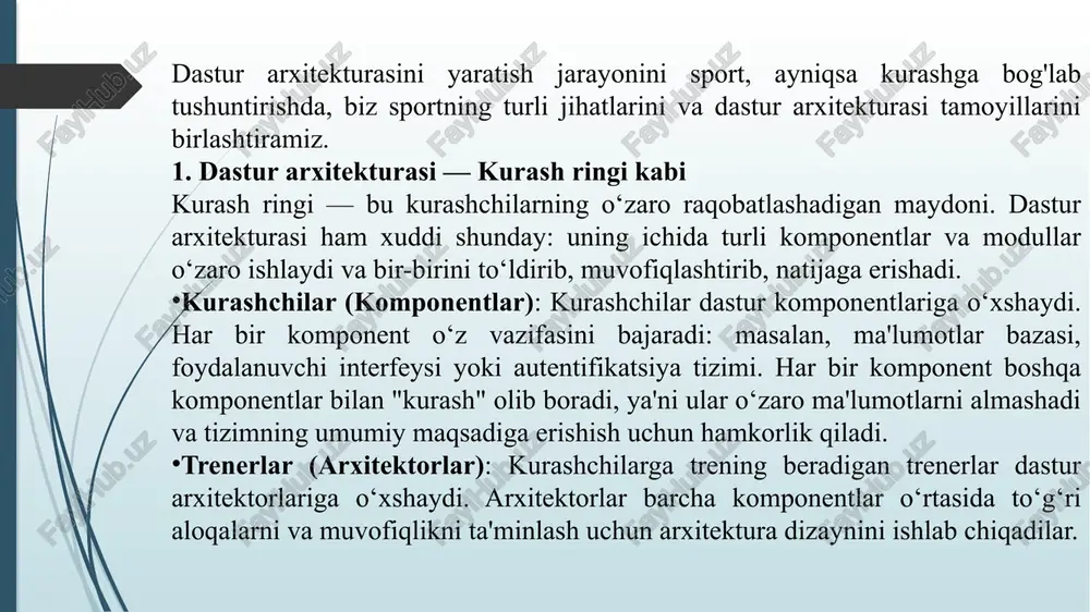 y his qilayotganini va qanday natijalarga erishayotganini baholaydi. dastur testlarida ham shunday: kodni ishlatib ko‘rish, funksiyalarni test qilish va dastur to‘g‘ri ishlashini tekshirish zarur. unit testlar — bu sportchining individual mashqlariga o‘xshaydi. har bir modul yoki funktsiyani alohida tekshirish, uning to‘g‘ri ishlashini va kutilgan natijalarni berishini ta’minlash. integratsion testlar — bu bir nechta mashqni birgalikda bajarish yoki sportchining jismoniy tayyorgarligini yanada sinovdan o‘tkazish kabi. dastur komponentlarining birgalikda ishlashini tekshirish, ularning o‘zaro qanday ta’sir qilishini aniqlash. qabul qilish testlari — sportchi musobaqada ishtirok etganda, u musobaqa shartlariga mos ravishda bajarish kerak. dasturda ham qabul qilish testlari mavjud: dastur foydalanuvchi talablariga javob berishini va yakuniy natijalar qoniqarli bo‘lishini tekshirish. sportda, ayniqsa jamoaviy sportlarda, har bir o‘yinchi o‘z vazifasini biladi va bu vazifalarni jamoa sifatida amalga oshiradi. jamoaviy sportlarda, masalan, futbol yoki basketbol, har bir o‘yinchi o‘z rolini bajarib, umumiy strategiya asosida ishlaydi. ma'lumotlar bazasi testlarini shunga o‘xshatish mumkin. ma'lumotlar integratsiyasi — ma'lumotlar …