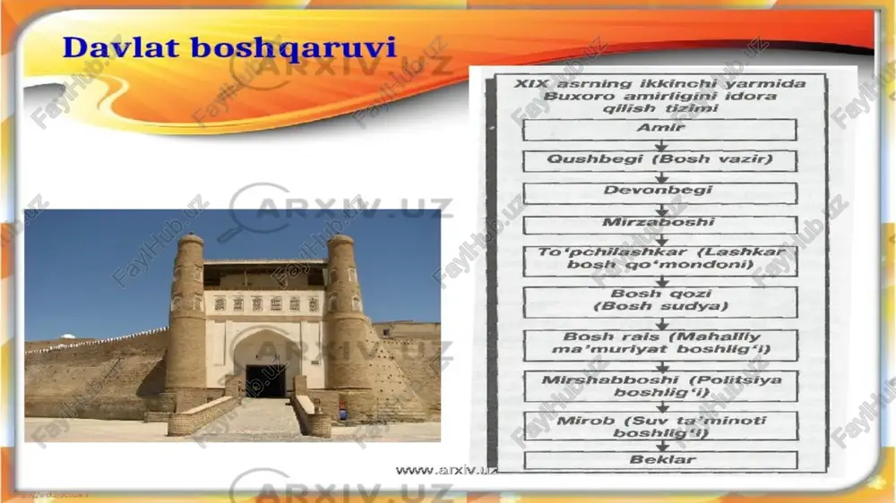 atida e’tirof etilgan buxoroi sharif edi. yirik shaharlardan samarqand, qarshi, shahrisaabz, kitob, g’uzor, termiz, sherobod, hisor, dushanbe, ko’lob va boshqalar amirlik tasarrufida edi. marv va chorjo’y shaharlari uchun buxoro amirligi bilan xiva xonligi o’rtasida, jizzax, o’ratepa va xo’jand shaharlari uchun buxoro amirligi bilan qo’qon xonligi o’rtasida tez-tez urushlar bo’lar, bu shaharlar qo’ldan-qo’lga o’tib turardi. xix asrning birinchi yarmida buxoro amirligida 2 million atrofida aholi istiqomat qilardi. aholining katta qismi amirlikning sersuv vohalarida yashar, jazirama issiq, suvsizlik hukmronlik qiluvchi qizilqum, sahrolari va cho’llari deyarli kimsasiz yastanib yotardi. zarafshon vodiysida 300-350 ming, qashqadaryo vohasida – 500 ming, surxondaryo vohasida – 200 ming, sharqiy buxoroda – 500 ming aholi yashar edi. amirlikning yirik shaharlari – buxoroda – 60 ming, samarqandda – 50 mingga yaqin nufus istiqomat qilardi. aholining aksariyat qismi dehqonchilik, chorvachilik bilan shug’ullangan. sug’oriladigan yerlarda paxta, bug’doy, sholi, jo’xori ekilib, bog’ va poliz mahsulotlari ham yetishtirilgaan. chorvachilikda qo’ychilik, qorako’l yetishtirish; hunarmandchilikda gilamdo’zlik, …