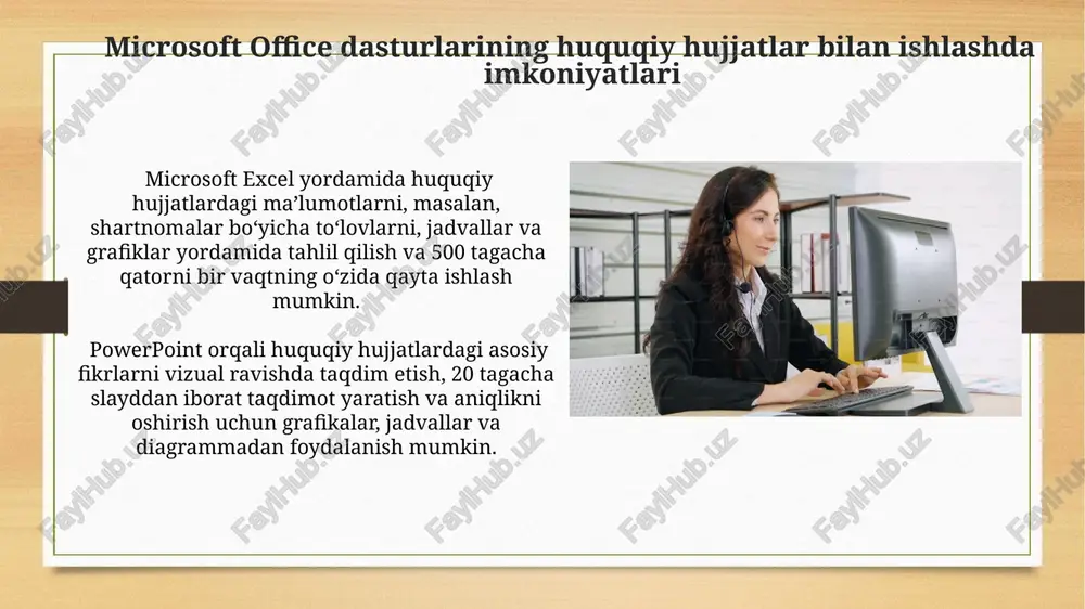 kama qilishingiz mumkin. microsoft office dasturlarida 50 mb gacha bo'lgan hujjatlarni elektron pochta orqali 3 ta qabul qiluvchiga yuborish mumkin. hujjatlarni himoya qilish va parollardan foydalanish hujjatni faqat o'qish uchun himoya qilish funksiyasi hujjatni tahrirlashdan himoya qiladi, lekin nusxa ko'chirish imkonini beradi, bu esa 2-darajali himoya sifatida foydalanish mumkin. hujjatga kirish uchun murakkab, kamida 8 ta belgili parol o'rnatish tavsiya etiladi, unda harflar, raqamlar va maxsus belgilar bo'lishi kerak. hujjatlarni tekshirish va tuzatish microsoft word'dagi "imlo va grammatika" tekshiruvi hujjatdagi 30000 ga yaqin so'z va iboralarni tahlil qilib, grammatik xatolar va imlo xatolarini aniqlash imkonini beradi. "topish va almashtirish" funksiyasi hujjat ichidan ma'lum bir so'z yoki iborani 1000 martadan ortiq topish va uni boshqa so'z yoki iboraga almashtirishga imkon beradi, bu esa tahrirlash jarayonini tezlashtiradi. huquqiy hujjatlarni arxivlash va saqlash huquqiy hujjatlarni microsoft office dasturlari yordamida elektron arxivga joylashtirish va ularga 10 yilgacha kirish imkoniyatini ta’minlash, versiya nazorati tizimini qo‘llash …