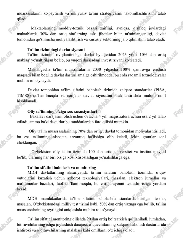 ytirish va inklyuziv ta'lim strategiyasini takomillashtirishni talab qiladi. maktablarning moddiy-texnik bazasi zaifligi, ayniqsa, qishloq joylardagi maktablarda 30% dan ortiq sinflarning eski jihozlar bilan ta'minlanganligi, davlat tomonidan qo'shimcha moliyalashtirish va xususiy sektorning jalb qilinishini talab etadi. ta'lim tizimidagi davlat siyosati ta'lim tizimini rivojlantirishga davlat byudjetidan 2023 yilda 10% dan ortiq mablag' yo'naltirilgan bo'lib, bu yuqori darajadagi investitsiyani ko'rsatadi. maktabgacha ta'lim muassasalarini 2030 yilgacha 100% qamrovga erishish maqsadi bilan bog'liq davlat dasturi amalga oshirilmoqda, bu erda raqamli texnologiyalar muhim rol o'ynaydi. davlat tomonidan ta'lim sifatini baholash tizimida xalqaro standartlar (pisa, timss) qo'llanilmoqda va natijalar davlat siyosatini shakllantirishda muhim omil hisoblanadi. oliy ta'limning o'ziga xos xususiyatlari bakalavr darajasini olish uchun o'rtacha 4 yil, magistratura uchun esa 2 yil talab etiladi, ammo ba'zi dasturlar bu muddatlardan farq qilishi mumkin. oliy ta'lim muassasalarining 70% dan ortig'i davlat tomonidan moliyalashtiriladi, bu esa ta'limning nisbatan arzonroq bo'lishiga olib keladi, lekin grantlar soni cheklangan. o'zbekiston oliy ta'lim tizimida …