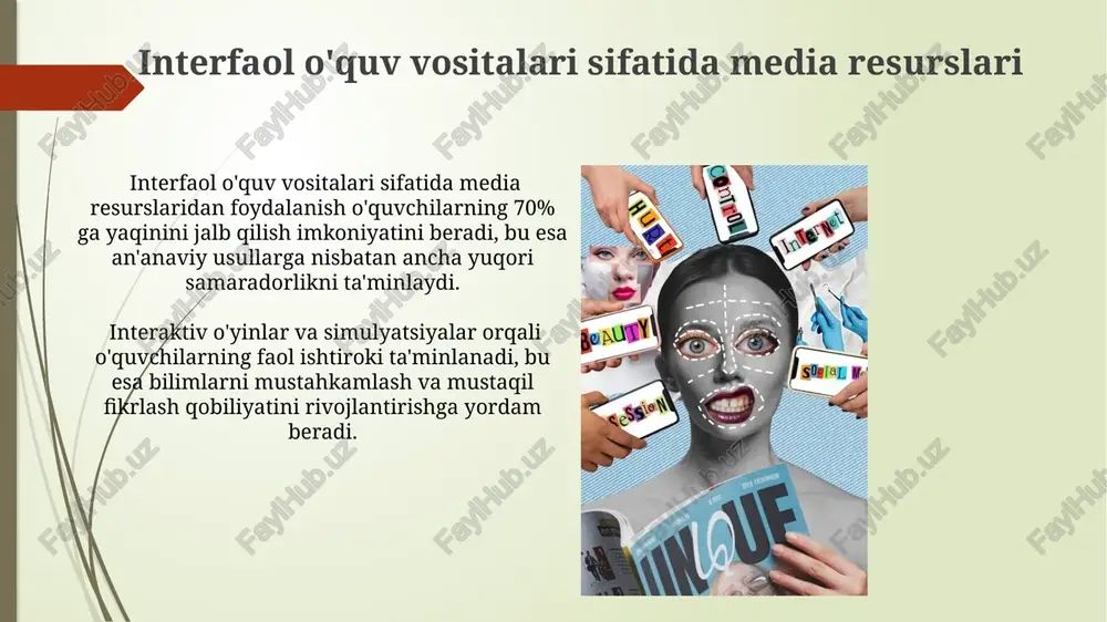 utubxona va ma'lumot bazalaridan foydalanish o'quvchilarning izlanish va axborotni tanqidiy tahlil qilish qobiliyatlarini yaxshilaydi. axborot xavfsizligi va media savodxonligi media savodxonligi darajasini baholash uchun ishlatiladigan 10 balldan iborat shkalada o'rtacha ko'rsatkich 5 ballni tashkil etib, yaxshilanishga ehtiyoj borligini ko'rsatmoqda. sosial tarmoqlarda tarqalgan noto'g'ri ma'lumotlarning 70% dan ortig'i emotsional ta'sirga asoslangan bo'lib, bu esa kritik fikrlash ko'nikmalarini rivojlantirish zaruratini ta'kidlaydi. onlayn o'rganish va media texnologiyalari onlayn platformalarda qo'llaniladigan ai-asoslangan baholovchi tizimlar 30% ga yaqin ob'ektiv baholashni ta'minlaydi va talabalar o'zgarishlarini kuzatishga yordam beradi. interfaol o'yinlar va simulyatsiyalar kabi media vositalari talabalarning 85% gacha faol ishtirokini ta'minlaydi va bilimni mustahkamlashga yordam beradi. baholash va ta'lim samaradorligini oshirish muloqot va hamkorlikka asoslangan media-boy o'quv usullarini qo'llash o'quvchilarning bilimlarni mustahkamlash darajasini 10-15 foizga yaxshilaydi. o'quv jarayoniga zamonaviy media vositalarini (masalan, virtual reallik, o'yinlashtirish) joriy etish orqali o'quvchilarning bilim olishga bo'lgan qiziqishini 25% ga oshirish mumkin. e'tiboringiz uchun rahmat @taqdimot_robot image1.jpg image2.jpg image3.jpg image4.jpg image5.jpg …