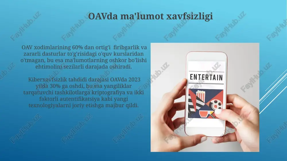 ilish va o'zaro ta'sir qilish imkoniyatiga ega bo'ladi. ma'lumotlar vizualizatsiyasi yordamida 1000 ta ma'lumot nuqtasini 2d yoki 3d grafiklarda samarali ravishda ifodalash va murakkab ma'lumotlar to'plamlarini oson tushuniladigan shaklga keltirish mumkin. ma'lumotlar tahlili va jurnalistika sentimental tahlil yordamida ommaviy fikrni o'rganish va 50% gacha aniqlik bilan kelajakdagi voqealarni bashorat qilish imkoniyati mavjud. ma'lumotlar tahlili vositalaridan foydalanib, jurnalistlar 1000 dan ortiq maqola va xabarlarni bir necha soat ichida tahlil qilib, yangiliklar trendlarini aniqlashlari mumkin. sun'iy intellekt va jurnalistika sun'iy intellekt vositalaridan foydalanish orqali, matn generatorlari kabi texnologiyalar yordamida, jurnalistlarning kuniga kamida 5 ta qo'shimcha maqola yozish imkoniyati ortadi. sun'iy intellekt jurnalistlarga yangiliklarni tahlil qilish va tarqatishda 30% ga tezroq ishlash imkoniyatini beradi, bu esa vaqtni tejash va samaradorlikni oshirishga yordam beradi. e'tiboringiz uchun rahmat @taqdimot_robot image1.jpg image2.jpg image3.jpg image4.jpg image5.jpg image6.jpg image7.jpg image8.jpg image9.jpg image10.jpg image11.jpg image12.jpg