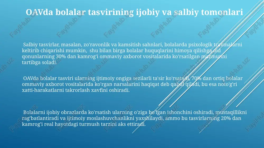 yillik 10 million so'm miqdorida grantlar dasturini ishga tushirish muhim ahamiyatga ega. bolalar huquqlari to'g'risidagi 50 dan ortiq yangi media loyihalarini qo'llab-quvvatlash uchun davlat dasturini ishlab chiqish zarur. bolalar huquqlari bo‘yicha advokatlik va oav oav orqali bolalar huquqlari bo‘yicha advokatlik kampaniyalari samaradorligi, ijtimoiy tarmoqlarda faollik darajasiga qarab, 70% gacha oshishi mumkin, shuningdek, davlat organlariga bosim o‘tkazishga yordam beradi. bolalar huquqlari buzilishi haqida xabar berishda oav 20% dan ortiq holatlarda samarali advokatlik vositasi sifatida qaraladi va bu ijtimoiy o‘zgarishlarga olib kelishi mumkin. o‘zbekistondagi 5 ta yirik telekanal va 10 ta gazeta bolalar huquqlari bilan bog‘liq kamida 30 ta maqola yoki ko‘rsatuvni efirga uzatgan, bu huquqiy ongni oshirishga yordam beradi. oav va bolalar psixologiyasi oav orqali yetkaziladigan 10 dan ortiq soatlik ma'lumotlarni qabul qilish bolaning diqqatini jamlash qobiliyatini pasaytiradi va giperaktivlik alomatlarini kuchaytirishi mumkin. bolalar oav orqali taqdim etilayotgan ideal obrazlarga taqlid qilishga moyil bo'lib, bu o'z navbatida o'ziga bo'lgan ishonchsizlik va …