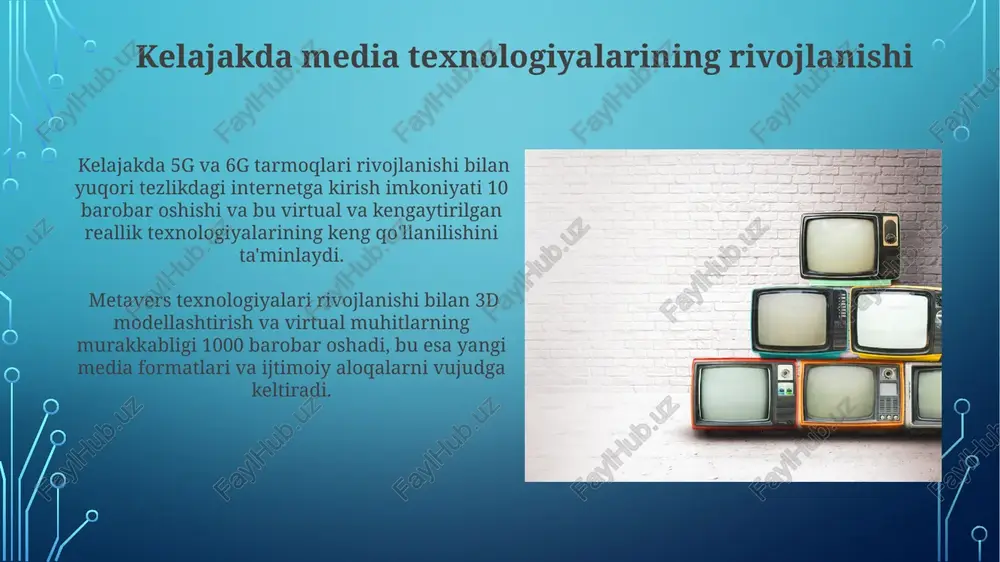 ijtimoiy aloqalar, ta’lim va ko'ngil ochishga ta’sir qiladi. smartfonlar, planshetlar va kompyuterlar orqali 10 milliarddan ortiq internet foydalanuvchilari global miqyosda ma’lumot almashish va real vaqt rejimida aloqa qilish imkoniyatiga ega. sog'liqni saqlashda media texnologiyalari tibbiy tasvirlash texnologiyalari, jumladan, mrt va kt skanerlari, yuqori aniqlikdagi 3d modellarning yaratila olishini ta'minlab, murakkab jarrohlik operatsiyalarini rejalashtirish va amalga oshirishda shifokorlarga yordam beradi. sog'liqni saqlash ma'lumotlarini tahlil qilish dasturlari, katta ma'lumotlar (big data) to'plamlaridan foydalanib, kasalliklarning tarqalishini bashorat qilish va epidemiyalarga tayyorgarlik ko'rishda samaradorlikni 15% ga oshiradi. e'tiboringiz uchun rahmat @taqdimot_robot image3.jpg image4.jpg image5.jpg image6.jpg image7.jpg image8.jpg image9.jpg image10.jpg image11.jpg image12.jpg image13.jpg image2.png
