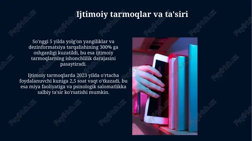 infografikalar kabi vizual axborotlarni tahlil qilishda, kamida 5 ta asosiy statistik ko'rsatkichga e'tibor berib, ularning ishonchliligi va xolisligini baholash muhim. oav savodxonligini oshirish usullari oav savodxonligini oshirish uchun 5 dan ortiq turli manbalardan (gazeta, jurnal, onlayn platformalar) axborot olish va ularni taqqoslash muhim, bu tanqidiy fikrlashni rivojlantiradi. axborotni baholashda "5w1h" (kim? nima? qayerda? qachon? nima uchun? qanday?) usulini qo'llash, manbaning ishonchliligini aniqlashga yordam beradi va taxminan 70% ga aniqroq natijalar beradi. shaxsiy ma'lumotlarning xavfsizligi onlayn xizmatlarga ro'yxatdan o'tishda faqat zarur bo'lgan shaxsiy ma'lumotlaringizni taqdim eting va 2-omilli autentifikatsiyadan foydalaning. firibgarlik elektron xabarlaridan ehtiyot bo'ling va hech qachon shaxsiy ma'lumotlaringizni noma'lum manbalarga yubormang, chunki bu sizning 90% ehtimol bilan shaxsiy ma'lumotlaringiz o'g'irlanishiga olib kelishi mumkin. e'tiboringiz uchun rahmat @taqdimot_robot image5.jpg image6.jpg image7.jpg image8.jpg image9.jpg image10.jpg image11.jpg image12.jpg image13.jpg image14.jpg image15.jpg image16.jpg image1.jpg