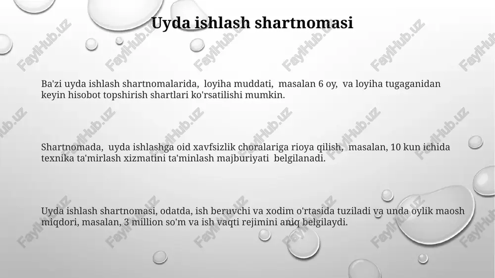 hilmaguncha davom etishini nazarda tutadi. bunday shartnoma tuzishda, ish beruvchi va xodim oʻrtasida oʻzaro kelishuvga asoslangan holda, ish haqi miqdori, ish vaqti rejimi va boshqa shartlar belgilanadi, shartnoma davomida kamida 1 yil davomida o'zgarishsiz qolishi kerak. e'tiboringiz uchun rahmat @taqdimot_robot image1.png image2.png image3.png