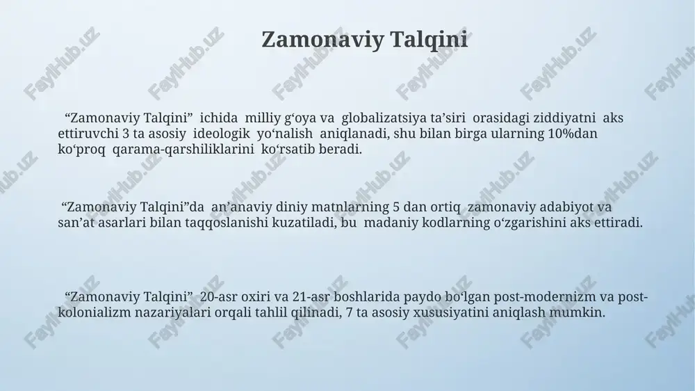 0%), va xulosadan (15%) iborat bo'lib, har bir qism aniq maqsadga xizmat qiladi. taqdimotning muvaffaqiyati auditoriyadagi 80% tinglovchilarning tushunish darajasiga va 20% taqdimotchi ko'nikmalariga bog'liq. aniq va qisqa gaplar muhim. ramziy ma’nolar ramziy ma’nolar asarida takrorlanuvchi 5 ta asosiy mavzu (o'lim, qayta tug'ilish, azob, umid, ozodlik) mulohazalar yordamida ochib beriladi. ramziy ma’nolar tarkibida 7 tadan ortiq turli xil ramziy tasvirlar mavjud bo'lib, ularning har biri matnning umumiy ma’nosini chuqurroq tushunishga yordam beradi. asar "altar" va "chayonlar" ramziy ma’nolarining o'zaro bog'liqligi orqali 3 bobdan iborat bo'lib, har bir bob o'ziga xos ramziy yuk ko'taradi. voqealar zanjirining rivojlanishi film syujeti 1980-yillarning oxiri va 1990-yillarning boshlariga to'g'ri keladi, bu davrda ijtimoiy-siyosiy o'zgarishlar filmning asosiy voqealar zanjirini shakllantirishda muhim rol o'ynaydi. voqealar zanjirining 2-bobida 7 yil davom etgan davr tafsilotlari keltirilgan bo'lib, bu davrda 20 dan ortiq kichik voqea-hodisalar sodir bo'lgan. “voqealar zanjirining rivojlanishi”da 3 ta asosiy qahramonning har biri o'ziga xos 5 ta …