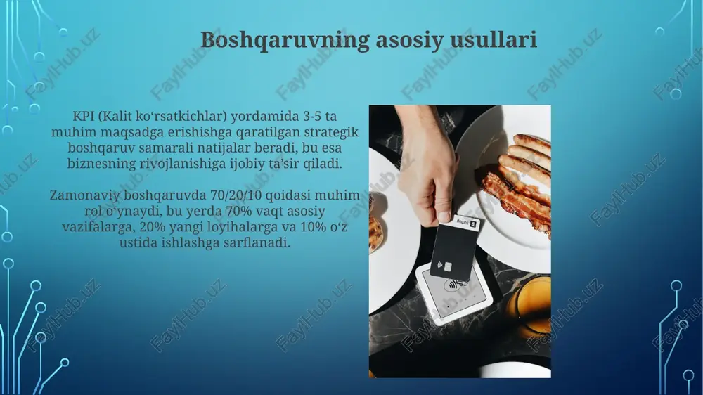chiqishga yordam beradi, bu esa 30% ga qadar vaqtni tejashga olib kelishi mumkin. "brainstorming" sessiyalarida kamida 7 kishidan iborat guruhlar ijodkorlikni 40% ga oshiradi va ko'proq xilma-xil yechimlarni taklif qilish imkonini beradi, natijada optimal variantni tanlash osonlashadi. tashkilot va vakolatlarni taqsimlash vakolatlarni taqsimlashda "6 sigma" tamoyillari qoʻllaniladi, bu esa xatoliklar sonini 99,99966% ga kamaytiradi va resurslardan samarali foydalanishni ta'minlaydi. tashkilot strukturasi 3 ta asosiy boʻlimga: marketing, ishlab chiqarish va moliya boʻlimlariga boʻlinib, har bir boʻlimga aniq vakolatlar va mas'uliyatlar yuklanadi, bu samaradorlikni 20% ga oshiradi. e'tiboringiz uchun rahmat @taqdimot_robot image3.jpg image4.jpg image5.jpg image6.jpg image7.jpg image8.jpg image9.jpg image10.jpg image11.jpg image12.jpg image13.jpg image14.jpg image2.png