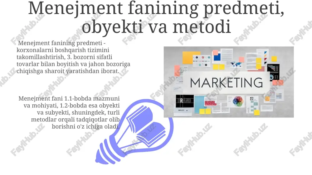 natijalariga tayanib, 2 ta asosiy omilni hisobga oladi: mijozlar ehtiyoji va bozor sharoitlarini. menejment va marketing funksiyalari korxonalarda 4 bosqichda amalga oshiriladi: rejalashtirish, tashkil etish, boshqarish va nazorat, bu esa samarali natijalarga olib keladi. menejment va marketingning kelajagi menejment va marketingning kelajagi sun'iy intellekt, katta ma'lumotlar va avtomatlashtirish texnologiyalarining tez rivojlanishi bilan bog'liq bo'lib, bu sohalarda 2030-yilga kelib 50% ga yaqin yangi ish o'rinlari paydo bo'lishini bashorat qilmoqda. kelajakdagi menejment va marketing mutaxassislari 3 ta asosiy ko'nikmalarga ega bo'lishlari kerak: raqamli savodxonlik, ma'lumotlarni tahlil qilish va innovatsion yechimlarni yaratish. bu esa, ularning ish samaradorligini 30% ga oshirish imkonini beradi. foydalanilgan adabiyotlar 01 02 ro'yxatda "marketing management" kabi xorijiy adabiyotlar hamda "marketing asoslari" kabi mahalliy nashrlar mavjud. bu esa tadqiqotning turli nuqtai nazarlarini o'z ichiga olganligini bildiradi. sales 1st qtr 2nd qtr 100 0 sales 1st qtr 2nd qtr 100 0 e'tiboringiz uchun rahmat @taqdimot_robot image4.jpg image5.jpg image6.jpg image7.jpg image8.jpg image9.jpg …