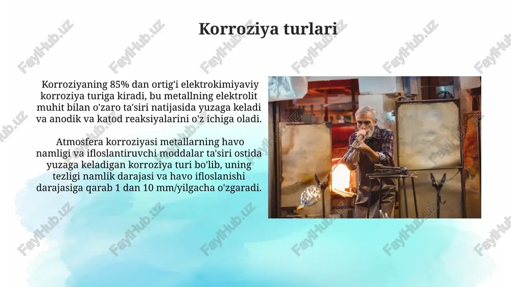qo'shiladi, bu esa korroziya jarayonini 80-95% ga kamaytiradi va himoya qilingan metallning umrini uzaytiradi. korroziyani pasaytirishning samarali usullaridan biri, metall sirtini 10-20 mikron qalinlikdagi korroziyaga chidamli bo'yoq qatlamlari bilan qoplash hisoblanadi, bu esa korroziya jarayonini sezilarli darajada sekinlashtiradi. korroziya iqtisodiy zararlari korroziya natijasida metall konstruktsiyalarni taʼmirlash yoki almashtirishga har yili milliardlab so'm mablag' sarflanadi, bu esa milliy iqtisodiyotga sezilarli zarar yetkazadi. korroziya tufayli transport vositalarining texnik xizmat ko'rsatish xarajatlari 20% ga, avtomobil parkining umumiy ishlash muddati esa 10-15% ga qisqaradi. metallarning korroziyasi tushunchasi metallarning korroziyasiga qarshi kurashish uchun turli xil usullar, jumladan, 100 dan ortiq turdagi korroziyaga chidamli qotishmalar va himoya qoplamalari qoʻllaniladi, bu esa materialning ishlash muddatini sezilarli darajada uzaytiradi. korroziya jarayoni metallarning sirt qatlamida 10-100 mikrometr chuqurlikda sodir boʻlishi mumkin va bu jarayonning tezligi harorat, namlik va ph kabi omillarga bogʻliq. korroziyaga qarshi himoya usullari korroziyaga qarshi himoya usullaridan biri sifatida metall sirtini 25-50 mikrometr qalinlikdagi sink qatlami …