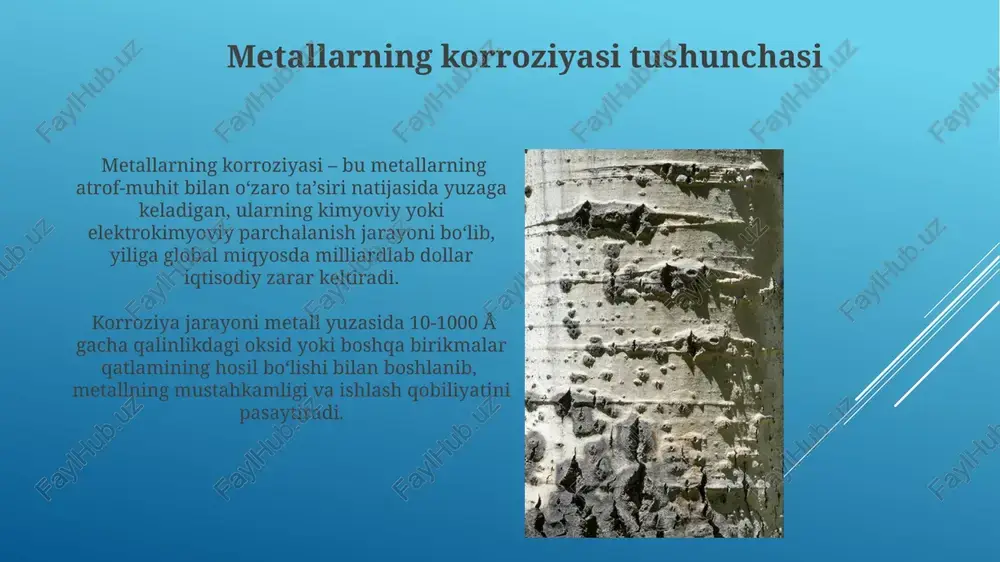 bar tez korroziyaga uchraydi, chunki ularning yuzasi kattaroq bo'ladi va reaksiyaga kirishadigan joylar ko'proq. yuqori namlik (80% dan yuqori) va kislotali yoki ishqoriy muhit (ph 4 dan past yoki 9 dan yuqori) korroziya jarayonini sezilarli darajada tezlashtiradi, bu esa metallarning tez buzilishiga olib keladi. korroziya nazorati va monitoringi korroziya tezligini aniqlash uchun elektroximiyaviy usullar, masalan, linear polarizatsiya yoki elektrokimyoviy impedans spektroskopiyasi (eis) yordamida 0,1 mm/yilgacha bo'lgan aniqlikka erishish mumkin. metall sirtlarining korroziya darajasini baholashda vizual tekshiruvlar bilan birga, qalinlik o'lchagichlari yordamida 10 mikrongacha bo'lgan aniqlik bilan qatlam qalinligini o'lchash qo'llaniladi. kimyoviy korroziya kimyoviy korroziya jarayonida metallarning oksidlanish-qaytarilish reaksiyalari sodir bo'ladi, bunda metall atomlari elektronlarini yo'qotib, kationlarga aylanadi va korroziya mahsulotlarini hosil qiladi, bu jarayonning tezligi reaksiya faollashuv energiyasiga bog'liq. misol uchun, temirning kimyoviy korroziyasi kislotali muhitda fe + 2hcl → fecl₂ + h₂ reaksiyasi orqali amalga oshadi, bu jarayonda vodorod gazining ajralishi kuzatiladi va korroziya tezligi metallning tozaligiga va kislotaning …