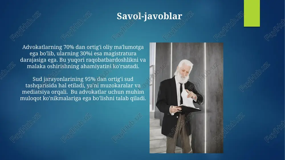 otlarda 3 yildan ortiq huquqiy tajribaga ega bo'lishi shart. advokatlik faoliyatining afzalliklari va kamchiliklari advokat sifatida o'z biznesingizni yuritish imkoniyati (masalan, shaxsiy huquqiy amaliyot ochish) mavjud bo'lsa-da, bu kattalikdagi investitsiyalar va boshqaruv ko'nikmalarini talab qiladi. ishning murakkabligi va yuqori javobgarlik darajasi (masalan, 90% dan ortiq muvaffaqiyat darajasiga erishish kerak) katta stressni keltirib chiqarishi mumkin, bu esa sog'liqqa ta'sir qilishi mumkin. kelajakdagi rejalarim o'zbekiston respublikasi oliy sudi huzuridagi adliya vazirligida 2 yildan keyin amaliyot o'tash va tajribali advokatlar bilan hamkorlik qilishni rejalashtirmoqdaman. malaka oshirish kurslarida qatnashib, xalqaro huquq sohasida 3 ta sertifikat olishni va ingliz tilimni ielts 7.0 balldan yuqori baholashlarini maqsad qilganman. e'tiboringiz uchun rahmat @taqdimot_robot image6.jpg image7.jpg image8.jpg image9.jpg image10.jpg image11.jpg image12.jpg image13.jpg image14.jpg image15.jpg image16.jpg image17.jpg image2.png image3.png image4.png image5.png