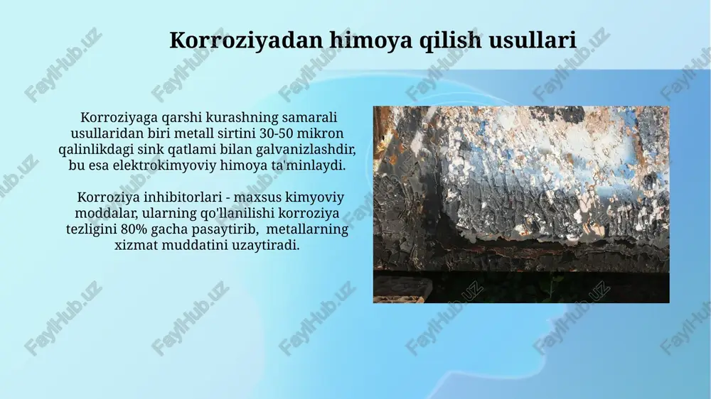 tlarda kimyoviy reaksiyalar tezligi ortadi va metallarning himoya qatlamlari buziladi. korroziyaning zararlari korroziya metall konstruksiyalarni 50% gacha zaiflashtirib, ularning mustahkamligini sezilarli darajada pasaytiradi va shu sababli 10-15 yil ichida kapital taʼmirlash yoki almashtirishga olib kelishi mumkin. korroziya nafaqat moddiy zarar keltiradi, balki sanoat xavfsizligi va atrof-muhit ifloslanishiga ham olib keladi, masalan, atmosfera gazlarining 20% dan ortig'i korroziya mahsulotlari hisoblanadi. elektrokimyoviy korroziya elektrokimyoviy korroziya metall yuzasida 0,1 dan 1 v gacha bo'lgan potentsiallar farqi hosil bo'lganda, elektrolit muhitda ionlarning migratsiyasi va elektronlarning oqimi natijasida yuz beradi. elektrokimyoviy korroziya tezligi metallning standart elektrod potensiali, ph darajasi va elektrolitning tarkibiga, shuningdek, temperatura kabi 3 ta asosiy omilga bog'liq. anod himoyasi anod himoyasi metall sirtini 5-20 mikrometr qalinlikdagi himoya oksid qatlami bilan qoplash orqali amalga oshiriladi, bu esa korroziyaga chidamliligini sezilarli darajada oshiradi. anod himoyasining turli xil turlari, jumladan, sulfat kislota, xrom kislota va boshqa elektrolitlar yordamida amalga oshiriladi, bu esa turli metallar uchun …