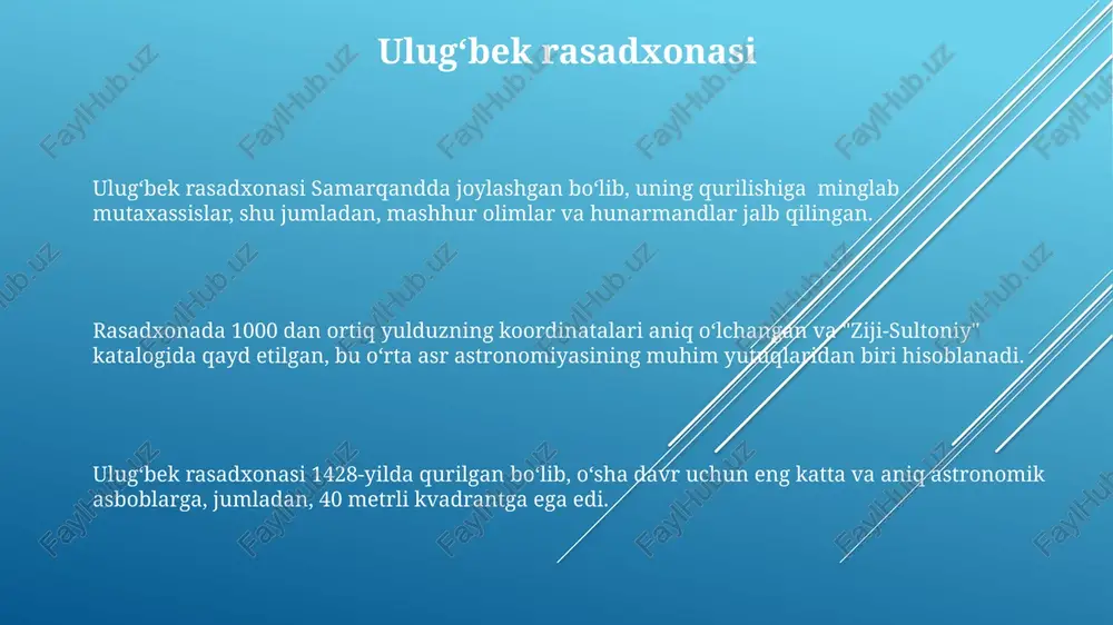 ek kutubxonasida 100 mingdan ortiq qo'lyozma asar saqlangan bo'lib, bu o'rta asr sharqidagi eng yirik kutubxonalardan biri edi. ulugʻbek xotirasi va uning zamonaviy talqini ulug'bekning "ziji ҷodidi sultaniy" asaridagi astronomik ma'lumotlarning aniqligi va uning 15-asr astronomiyasiga qo'shgan bebaho hissasi xxi asrdagi kompyuter texnologiyalari orqali ham tasdiqlanmoqda. ulug'bekning merosini o'rganishda, uning hukmronlik davridagi ilmiy-madaniy yuksalish darajasini aks ettiruvchi 10 dan ortiq muhim tarixiy manbalar va artefaktlar tahliliga asoslangan zamonaviy talqinlar vujudga kelmoqda. ulug'bekning observatoriyasi qurilishiga 1420 yilda 1000 dan ortiq ishchi jalb etilgani va buning arxitekturaviy va astronomiyaviy jihatdan murakkab loyiha ekanligi hozirgi kunda ham tadqiqotchilarni o'ziga jalb etadi. mirzo ulugʻbekning hayot yoʻli ulugʻbek samarqandda jahon miqyosida mashhur boʻlgan kutubxonani va rasadxonani qurdirgan, unda 100 dan ortiq olimlar faoliyat yuritgan. mirzo ulugʻbek 1406-yilda samarqandda tugʻilib, 1449-yilda oʻldirilgan, 43 yillik hayoti davomida ulkan ilmiy va siyosiy meros qoldirgan. ulugʻbekning "ziji-i sultoniy" astronomik jadvali 1018 yulduz koordinatalarini oʻz ichiga olgan boʻlib, oʻrta asr …