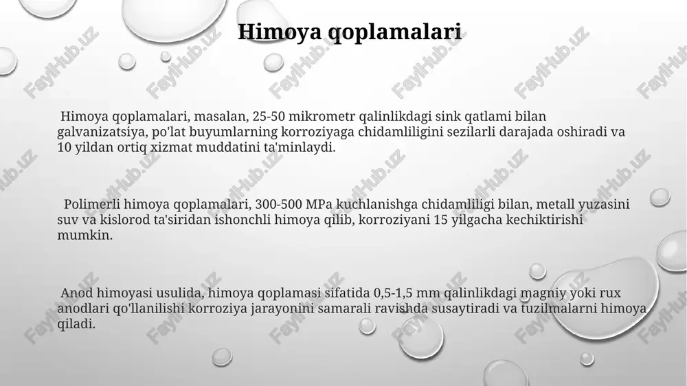 kabi, ularning yuqori korroziyaga chidamlilik xususiyatlari tufayli aviatsiya va avtomobilsozlikda keng qo'llaniladi. kimyoviy korroziya mexanizmi kimyoviy korroziyaning asosiy mexanizmi metall yuzasidagi elektronlarning oksidlovchilar, masalan, kislorod (o2) yoki vodorod ionlari (h+) bilan reaksiyasiga asoslangan bo'lib, potensiallar farqi 0,2 v dan yuqori bo'lganda boshlanadi. kimyoviy korroziya tezligini pasaytirish uchun metall yuzasini passivlashtirish usullaridan foydalaniladi, masalan, 10-20 mikrometr qalinlikdagi passiv qatlam hosil qilish orqali korroziya jarayoni 90% ga sekinlashadi. elektrokimyoviy korroziya jarayonida anod va katod zonalari hosil bo'ladi, bu jarayonda metallning erishi (anod) va elektronlarning qaytarilishi (katod) bir vaqtda sodir bo'lib, korroziya tezligi ph va temperaturaga bog'liq. elektrokimyoviy himoya usullari anokdik himoya usulida himoya qilinadigan metallga 1,5-3,0 a/m² zichlikdagi to’kilgan tok yuboriladi, bu uning erishini sezilarli darajada kamaytiradi. elektrokimyoviy himoya katod himoyasi orqali amalga oshiriladi, bu yerda himoya qilinadigan metallga 0,5-1,0 v potentsial farqi bilan potensiali manfiyroq bo'lgan metall (magniy, rux) biriktiriladi. proteksion qoplamalardan foydalanish bilan birgalikda elektrokimyoviy himoya samaradorligini 2-3 barobar oshirish …