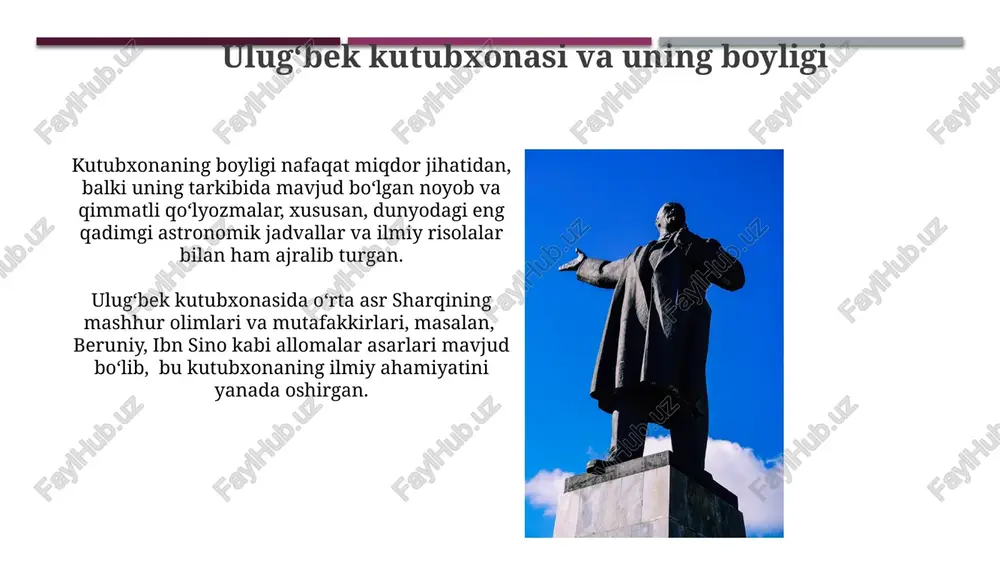 lar olindi. ulug'bekning astronomik kuzatuvlariga oid 1000 dan ortiq qo'lyozma manbalari o'rganilib, uning "ziji kuragoniy" asarining aniqligi va ilmiy ahamiyati tasdiqlandi. “ziji-i sultoniy” – jahon astronomiyasiga qo‘shgan ulkan hissa kitobda trigonometrik hisob-kitoblar uchun yangi usullar va formulalar taklif qilingan, bu esa astronomik kuzatishlar natijalarini tahlil qilish va bashorat qilish aniqligini oshirdi, natijada 1 darajadan kam xatolikka erishildi. ulug'bekning "ziji-i sultoniy"si 1018 yulduzni o'z ichiga olgan katta yulduz katalogiga ega bo'lib, har bir yulduzning koordinatalari yuqori aniqlikda o'lchandi, bu esa keyingi asrlar astronomlari uchun muhim manba bo'ldi. samarqand – o‘rta asrlarning ilmiy markazi samarqanddagi ulugʻbek rasadxonasi 1420-yillarda qurilgan boʻlib, oʻz davrining eng yirik astronomiya markazi hisoblangan va 1000 dan ortiq yulduzni kataloglashtirgan. samarqanddagi kutubxonalar va madrasalar o‘rta asrlardagi eng katta kitob fondlariga ega bo‘lib, 100.000 dan ortiq qo‘lyozma asarlarni saqlagan. e'tiboringiz uchun rahmat @taqdimot_robot image1.jpg image2.jpg image3.jpg image4.jpg image5.jpg image6.jpg image7.jpg image8.jpg image9.jpg image10.jpg image11.jpg image12.jpg