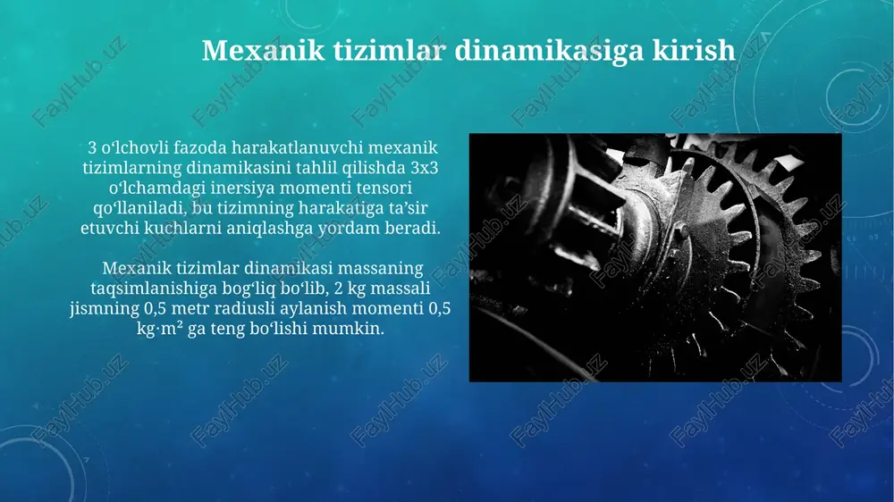 isoblashda, parallel o'q teoremasi yordamida, masalan, 2 ta alohida qismning inertsiya momentlarini qo'shib, umumiy qiymatni topish mumkin. avtomobil g'ildiraklari dizaynida, g'ildirakning inertsiya momentini kamaytirish orqali, 10% ga yaxshilangan tezlashuv va 5% ga yoqilg'i tejamkorligi ta'minlanishi mumkin. e'tiboringiz uchun rahmat @taqdimot_robot image3.png image4.jpg image5.jpg image6.jpg image7.jpg image8.jpg image9.jpg image10.jpg image11.jpg image12.jpg