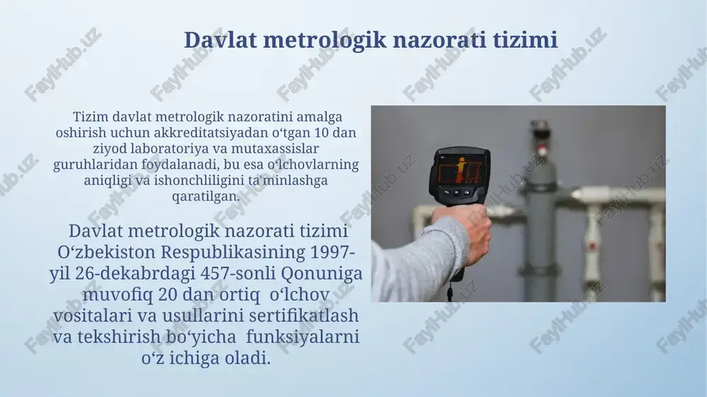 iga bog'liq bo'lib, masalan, yuqori aniqlikdagi vaznlar yiliga 2 marta, oddiy termometrlar esa 6 oyda bir marta kalibrlanishi mumkin. o'lchov birliklari va ularning ta'minlanishi davlat metrologik nazorati, o‘lchov vositalarining aniqligi va ishonchliligini ta’minlash uchun, kalibrlash va sertifikatlashtirish jarayonlari orqali yillik 10 000 dan ortiq tekshiruv o‘tkazadi. o‘lchov birliklarining ta’minlanishi, etalonlar va standart namunalar orqali amalga oshiriladi, ularning aniqligi 10⁻⁶ dan 10⁻⁹ gacha bo‘lgan nisbiy xatolik chegarasida saqlanadi. metrologik sertifikatlash va attestatsiya metrologik sertifikatlar va attestatsiyalar, iso 9001 kabi xalqaro standartlarga muvofiq, milliy metrologiya xizmati tomonidan beriladi va o'lchov natijalarining ishonchliligini kafolatlaydi. metrologik sertifikatlash jarayoni, o‘lchov vositalarining 20 dan ortiq xususiyatlarini baholashni o‘z ichiga oladi va natijalarni tasdiqlovchi hujjatlarni, ya’ni sertifikatlarni yoki attestatsiyalarni taqdim etadi. metrologik nazoratning huquqiy asoslari metrologik nazoratni amalga oshirish o‘zbekiston respublikasining “o‘lchovlar to‘g‘risida”gi qonuni va unga tegishli bo‘lgan 10 dan ortiq normativ-huquqiy hujjatlar bilan tartibga solinadi. davlat metrologik nazorati o‘zbekiston respublikasi standartlashtirish, metrologiya va sertifikatlashtirish davlat qo‘mitasi …