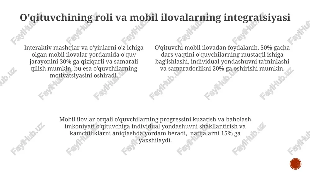 i darajada yuqori samaradorlikni ta'minlaydi. audio-qo'llanmalarni tinglash va parallel ravishda ekranda ko'rsatilgan matnni o'qish orqali, talabalar to'g'ri talaffuzni o'rganish bilan birga, yangi so'zlarni tezroq yod oladi, natijada 20% ga ko'proq leksik birliklarni eslab qoladi. nutqni takomillashtirish uchun ilovalar nutqni takomillashtirishga yo'naltirilgan ko'plab ilovalar 5000 dan ortiq so'z boyligini o'z ichiga oladi va foydalanuvchilarga ovozni aniqlash texnologiyasi orqali talaffuzni yaxshilashga yordam beradi. o'rtacha hisobda, nutqni takomillashtirishga qaratilgan mobil ilovadan muntazam foydalanish natijasida foydalanuvchilarning lug'at boyligi 20-30% ga oshadi. ba'zi ilovalar 1000 dan ortiq mashqlarni taklif qiladi, shu jumladan, grammatika, lug'at va nutqni rivojlantirishga qaratilgan interaktiv o'yinlarni o'z ichiga oladi. til o'rganish uchun mobil ilovalarning turlari ko'pgina ilovalar, masalan, duolingo yoki memrise, gamification texnologiyalari va takrorlash usullaridan foydalanib, foydalanuvchilarning 80% dan ortig'ida tilni o'rganish samaradorligini oshiradi. real-time tarjimonlar va suhbat sheriklari bilan bog'lanish imkoniyati beruvchi ilovalar, misol uchun, hellotalk, foydalanuvchilarga 20 dan ortiq tilni amalda qo'llashga va til madaniyatini chuqurroq tushunishga yordam …