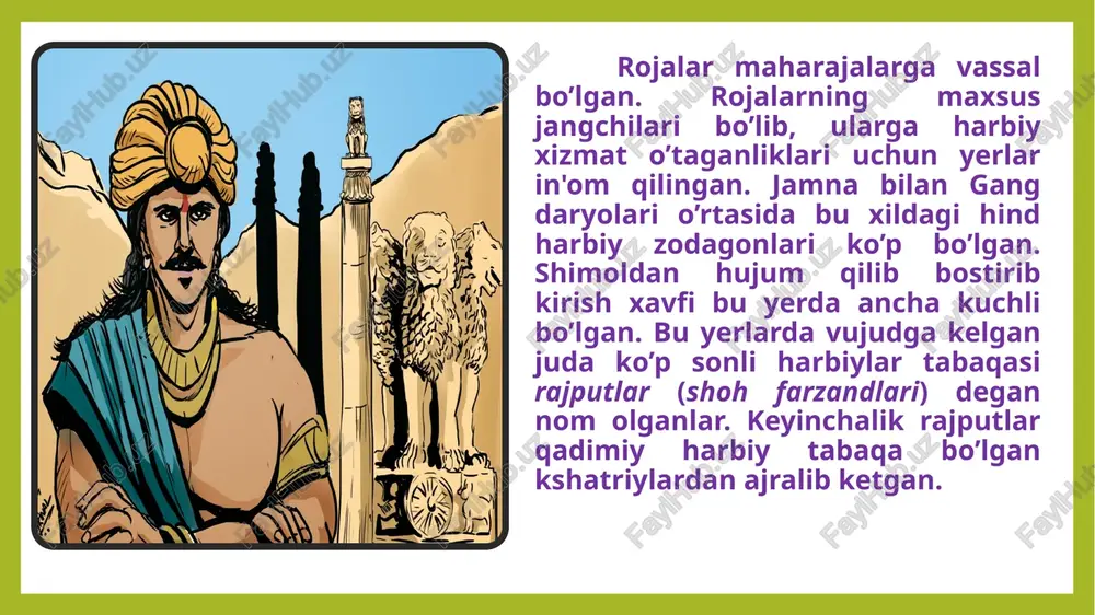 ancha intensiv rivojlanishidir. qadimgi davrlardayoq mavjud bolgan shaharlar qatoriga sultonlar va ularning nabiralari feodallarning qarorgohi sifatida vujudga kelgan ko’pgina yangi shaharlar qo’shilgan. dehli shahrining o’zi ana shunday feodal-poytaxt shahri uchun misol bo’la oladi. bu yerda juda ko’plab saroy ahli va xizmatchilari, askarlar, amaldorlar va shu singarilardan tashqari, ko’pgina hunarmandlar va savdogarlar yashab, ular sulton saroyi hamda poytaxtdagi boshqa feodallarning iqtisodiy ehtiyojlarini qondirganlar. orta va mayda hind feodallari rojaputlar va boshqalar qisman meros bolib qolgan feodal mulkchiligi huquqi asosida, qisman harbiy xizmatni o’tab turgan paytda vaqtincha beriladigan in'om tariqasida yerga egalik qilardilar. vaqt o’tishi bilan kelgindi iqtadorlar ham yerning merosxor egalariga aylanib bordilar, ammo bu jarayon xiv asrning oxirigacha ham tugallanmagan. yerlarning katta qismi har ikkala din mahalliy, hind dini (eski ibodatxona yer egaligi) hamda yangi, musulmon (vaqf yerlari) dinidagi ruhoniylarning qolida bolgan. xiii–xvi asrlarda hindistonda feodal tuzumi o„ziga xos tarzda rivojlangan. bir tomondan, hindistonda musulmon yer egaligi tizimi qaror topib, …