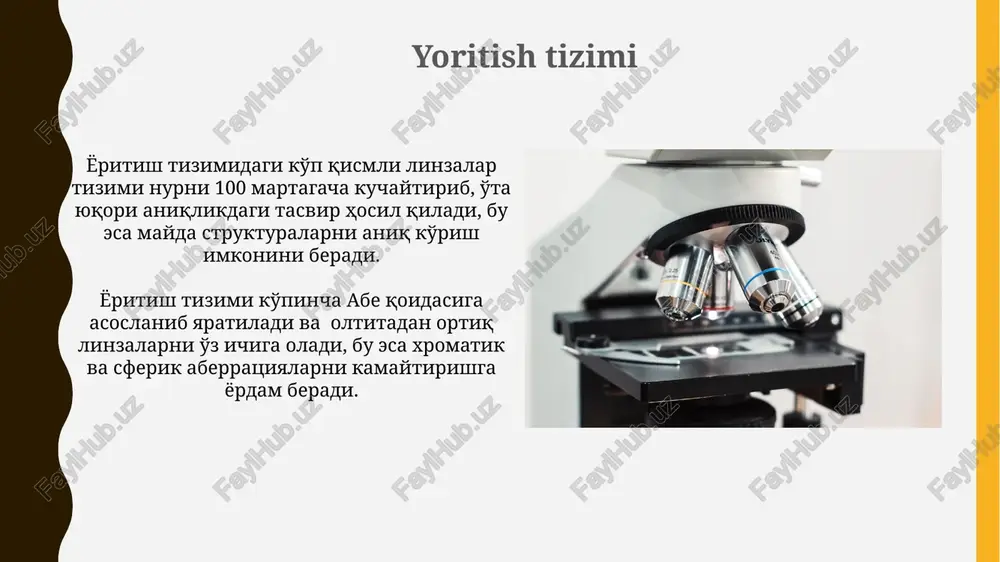 elektron mikroskoplardan foydalaniladi. skanlovchi zondli mikroskopiya (spm) materiallarning yuza tuzilishini atom darajasida, ya'ni 1 nm dan kam aniqlikda tasvirlash imkonini beradi. mikroskopiya usullari fluorestsent mikroskopiya usuli 400-700 nm to'lqin uzunligiga ega nurdan foydalanib, hujayralardagi oqsillar va molekulalarni aniqlash va vizualizatsiya qilish imkonini beradi, bu esa biotibbiyot tadqiqotlarida keng qo'llaniladi. elektron mikroskopiya, 100,000x dan ortiq kattalashtirish qobiliyatiga ega bo'lib, viruslar va hatto atom darajasidagi tuzilmalarni o'rganish imkonini beradi, bu esa nanotexnologiya va materiallar fanida muhimdir. mikroskop turlari skanerlovchi zondli mikroskoplar, masalan, atom-kuch mikroskopi (afm) yordamida, yuqori aniqlikdagi 3d tasvirlarni olish mumkin bo'lib, bu yuzalarni atom darajasida o'rganish imkonini beradi, bu esa nanotexnologiyalar rivojida muhim ahamiyatga ega. elektron mikroskoplarning ikki asosiy turi – translyatsion elektron mikroskop (tem) va skanerlovchi elektron mikroskop (sem) bo'lib, tem ichki tuzilmalarni, sem esa sirt tuzilmalarini yuqori aniqlikda tasvirlaydi. ularning kattalashtirish qobiliyati 100,000x dan ham oshadi. mikroskopning kelajagi hozirgi zamon mikroskoplari 3d tasvirlash va avtomatlashtirilgan tasvir tahlili bilan …