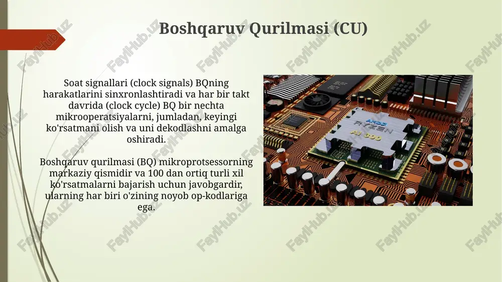 oq magistral tezroq ishlashni ta'minlaydi. kirish/chiqish (i/o) tizimi dma (direct memory access) kabi mexanizmlar protsessorning ishtirokisiz, masalan, 100 mb/s tezlikda, xotira va periferiya qurilmalari o‘rtasida to‘g‘ridan-to‘g‘ri ma’lumot almashinuvini ta’minlaydi. 8-bitli mikroprotsessorlar odatda 8-bitli ma’lumot avtobusidan foydalansa, 32-bitli mikroprotsessorlar ancha kengroq, 32-bitli avtobuslardan foydalanadilar, bu esa ma’lumot uzatish tezligini sezilarli darajada oshiradi. virtual xotira virtual xotira operatsion tizim tomonidan boshqariladi va jismoniy xotira bilan birgalikda ishlatiladi, bu esa dasturlar uchun 16 gb dan ortiq manzil maydonini ta'minlaydi. segmentizatsiya va paging kabi texnologiyalar orqali amalga oshiriladi. virtual xotiraning asosiy afzalliklaridan biri bu dasturlarni bir-biridan izolyatsiya qilish qobiliyatidir, bu esa 32-bitli tizimlarda bir vaqtning o'zida bir nechta dasturning ishlashini ta'minlaydi. ishlashni oshirish texnologiyalari ishlash tezligini oshirish uchun ko'p yadroli (multi-core) protsessorlardan foydalanish, ya'ni 2, 4 yoki 8 ta yadro bilan ishlash imkoniyatini beradi, bu har bir yadroga yuklamani taqsimlab, umumiy ishlash tezligini oshiradi. kesh-xotira (cache memory) hajmini oshirish orqali, ma'lumotlarga tezroq murojaat qilish …