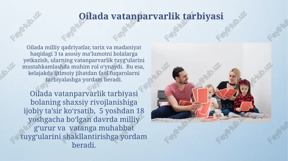 madaniyat va tilni o'rganish, insonparvarlik va adolatlilik tamoyillarini singdirish amalga oshiriladi. ota-onalarning milliy g'oya bo'yicha mas'uliyati ota-onalarning asosiy vazifalaridan biri farzandlarini vatanimizga sadoqatli, milliy qadriyatlarni hurmat qiluvchi shaxslar etib tarbiyalash bo'lib, bu 3 yoshdan 18 yoshgacha bo'lgan davrda amalga oshiriladi. milliy g'oya tarbiyasida ota-onalar 5 ta muhim yo'nalish – vatanparvarlik, millat, insonparvarlik, qonun va adolat, mustaqillik g'oyalarini bolalar ongiga singdirishga mas'uldirlar. milliy qadriyatlarni o'rgatish usullari milliy qadriyatlarni oʻrgatishda 3 bosqichli yondashuv (tushuntirish, namuna koʻrsatish, amaliyotga tatbiq etish) bolaning ichki dunyosiga chuqurroq taʼsir qiladi va uzoq muddatli natijalar beradi. millatning 5 ta asosiy qadriyatini (masalan, vatanparvarlik, mehnatsevarlik, adolatlilik) bolalarga 3-7 yosh oraligʻida hikoyalar, qoʻshiqlar va oʻyinlar orqali singdirish samarali. millat va davlat manfaatlarini tushuntirish oilada vatanparvarlik tuyg‘usini shakllantirish, 3 bosqichli model orqali – milliy qahramonlar haqidagi hikoyalar, davlat ramzlari bilan tanishtirish va ijtimoiy foyda keltiruvchi ishlarda ishtirok etish – millat va davlat manfaatlarini anglashga olib keladi. millat manfaatlari, 5 ta asosiy …