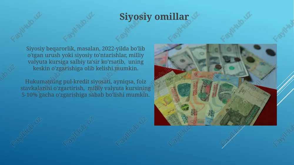 10% ga oshishi milliy valyutaning dollar qarshisida 5-7% ga pasayishiga olib kelishi mumkin, bu mamlakatning tashqi savdo balansiga salbiy ta'sir ko'rsatadi. agar inflyatsiya kutilganidan yuqori bo'lsa, valyuta bozorida noaniqlik yuzaga keladi va bu spekulyatsiyalarni kuchaytirib, milliy valyuta kursining keskin o'zgarishiga olib kelishi mumkin. geososiy omillar jahon savdosi hajmining 15% ga o'sishi milliy valyuta kursining kuchayishiga olib kelishi mumkin, ammo bunday o'sish geosiyosiy noaniqlik davrida hamisha kuzatilmaydi. rossiya va ukraina o'rtasidagi mojaro kabi geosiyosiy voqealar milliy valyuta kursining kutilmagan 20-30% ga o'zgarishiga olib kelishi mumkin, bu inflyatsiya va iqtisodiy o'sishga salbiy ta'sir ko'rsatadi. e'tiboringiz uchun rahmat @taqdimot_robot image1.jpg image2.jpg image3.jpg image4.jpg image5.jpg image6.jpg image7.jpg image8.jpg image9.jpg image10.jpg image11.jpg image12.jpg
