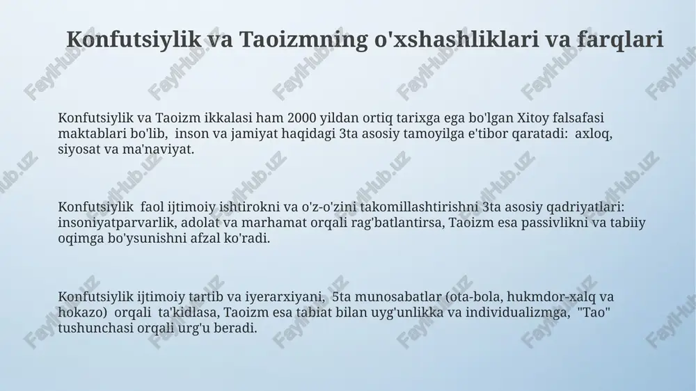 iylik va taoizmning zamonaviy dunyodagi ahamiyati taoizmning tabiatga uyg'unlik tamoyili, ya’ni "yumshoqlik kuchdan ustun" degan g'oya, 21-asrda ekologik muammolarni hal qilish va barqaror rivojlanishga intilishda muhim ahamiyat kasb etadi. konfutsiylikning 5 asosiy tamoyili, ya’ni insonparvarlik, adolat, marhamat, donolik va ishonchlilik, zamonaviy biznes va boshqaruvda samarali jamoa qurish va etika standartlarini o'rnatishda qo'llanilmoqda. konfutsiylik va taoizmning birgalikda o'rganilishi, taxminan 3000 yillik hikmatini o'zida mujassam etgan holda, shaxsning o'ziga va atrof-muhitga nisbatan uyg'un munosabatlarni shakllantirishga yordam beradi. e'tiboringiz uchun rahmat @taqdimot_robot image4.png image3.jpeg